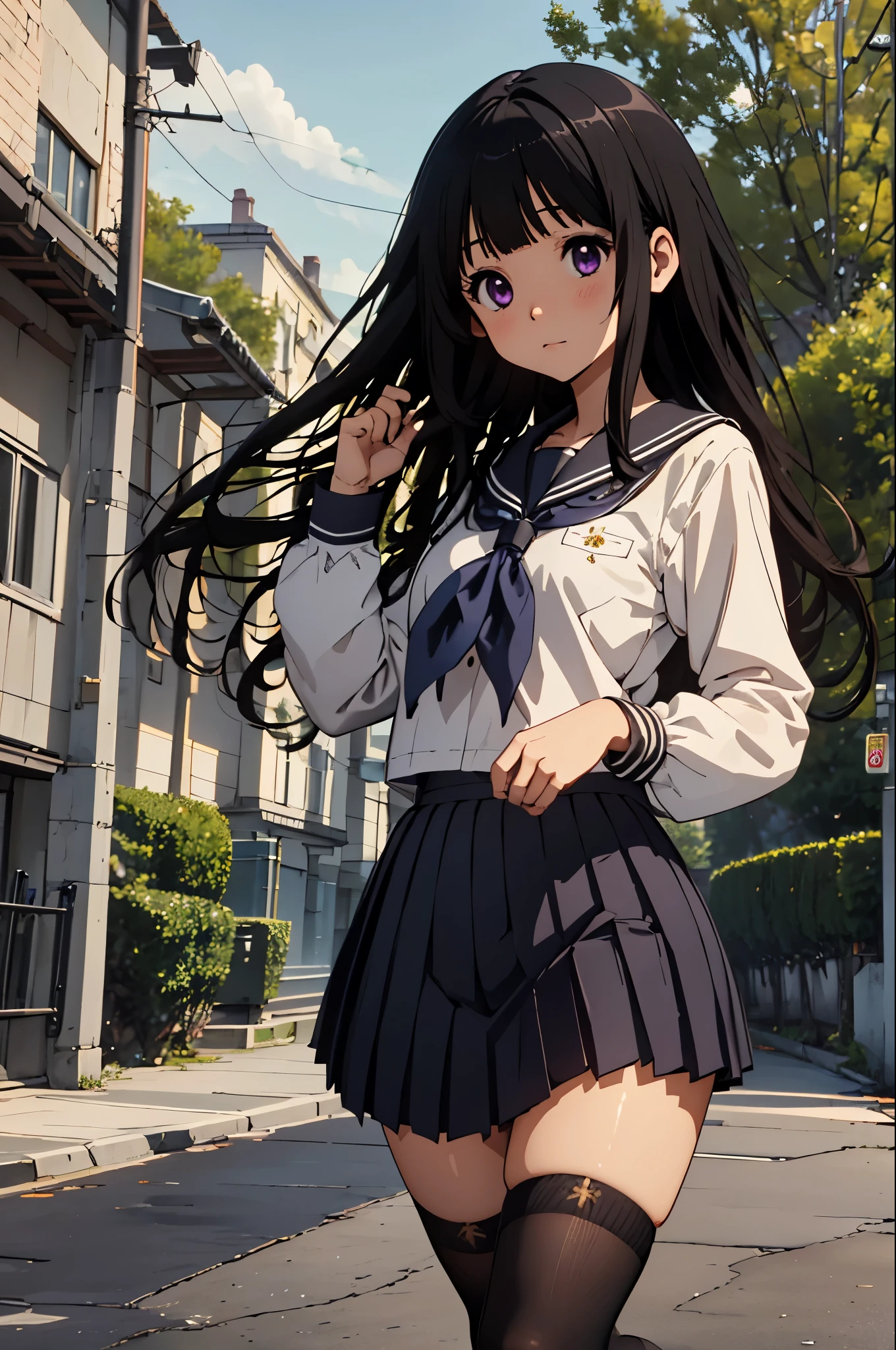 masterpiece, best quality, ultra-detailed, intricate detail, perfect anatomy, finely detailed, detailed background, school yard, 1girl, chitanda eru, long black hair, school uniform, kamiyama high school uniform, purple eyes, serafuku, white knee high socks, black pleated skirt, bangs, black sailor collar, brown shoes, neckerchief, loafers, long sleeves, standing, alluring eyes,