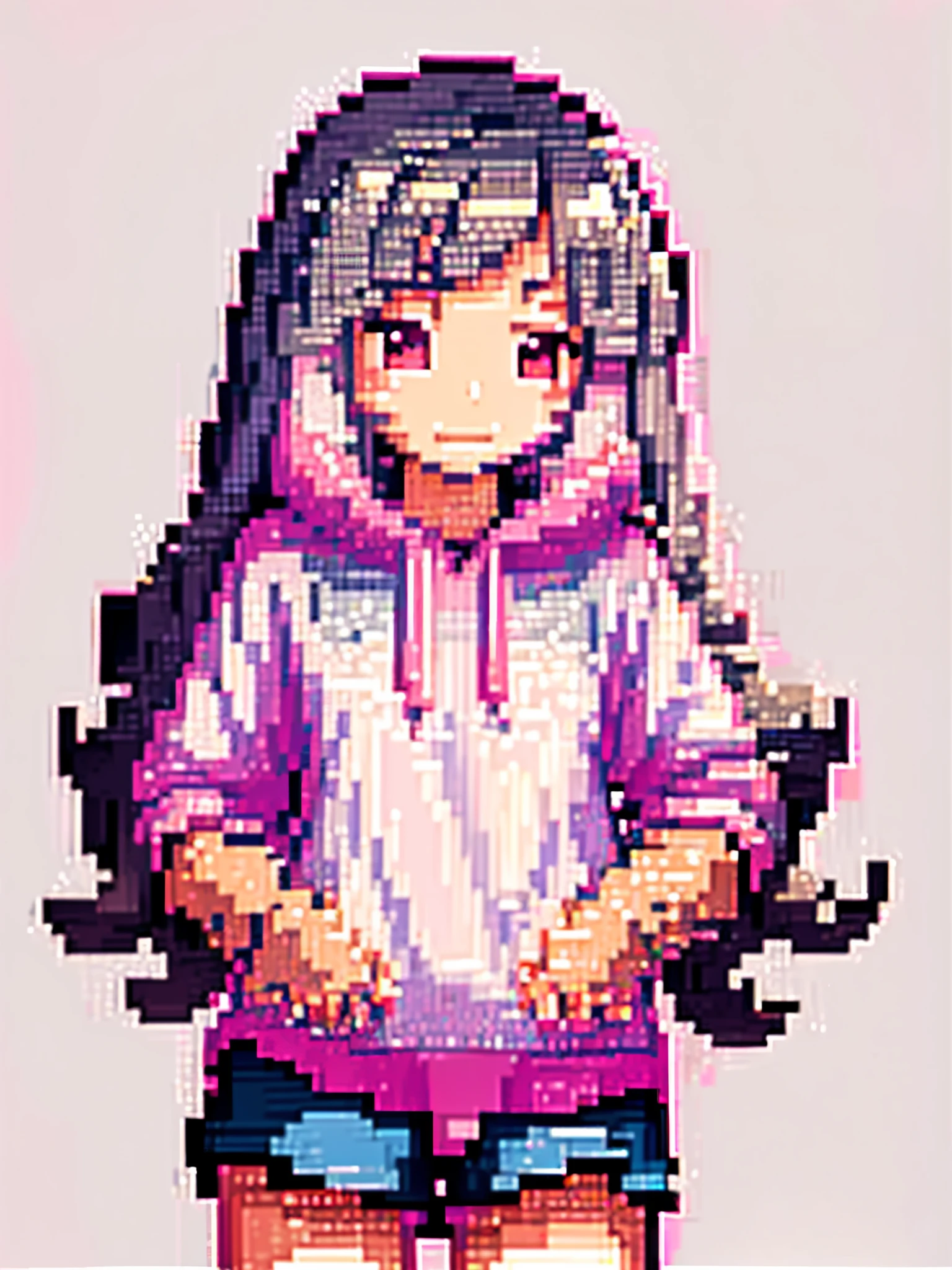 girl in pink long hair, cute, cool pose, selfie, masterpiece, highly detailed, best quality, sharp focus, soft lighting, limited color palette, pastel colors, cute, dark skin, smile, solo, dark brown hoodie, blue shorts, Pink eyes, (pink hair: 0.6), (blue hair: 0.8), (gradient hair: 0.6), short hair, Bratis, pixel art
