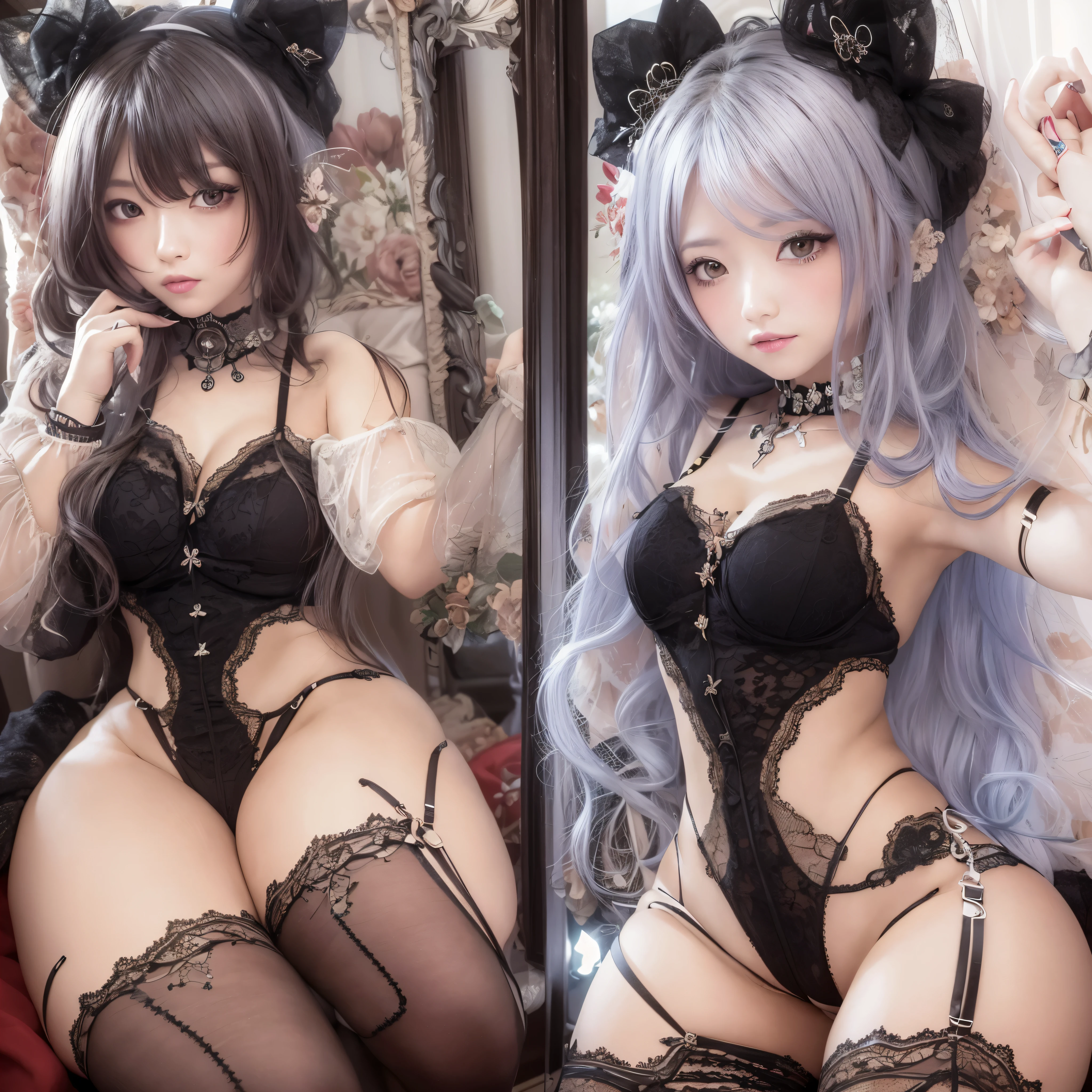 (8K ,Hyper-detailing,Ultra photo realsisim,Best Masterpiece,naturey,Perfect Artwork,Perfect female body),2 cute girls ,came out from the next room,Wear sexy lingerie,Black suspender stockings,Raised sexy,Metamorphosis is exposed ,FULL BODYSHOT