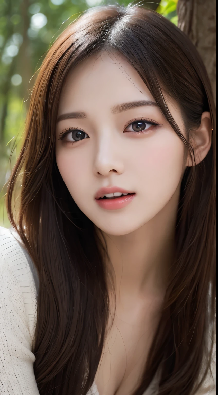 masutepiece, Best Quality, Illustration, Ultra-detailed, finely detail, hight resolution, 8K Wallpaper, Perfect dynamic composition, Beautiful detailed eyes , the woods, Sexy face,Face feeling ecstasy,Face at the peak of sexual arousal,excited face from ,KPOP Idol Face,Beautiful detailed face