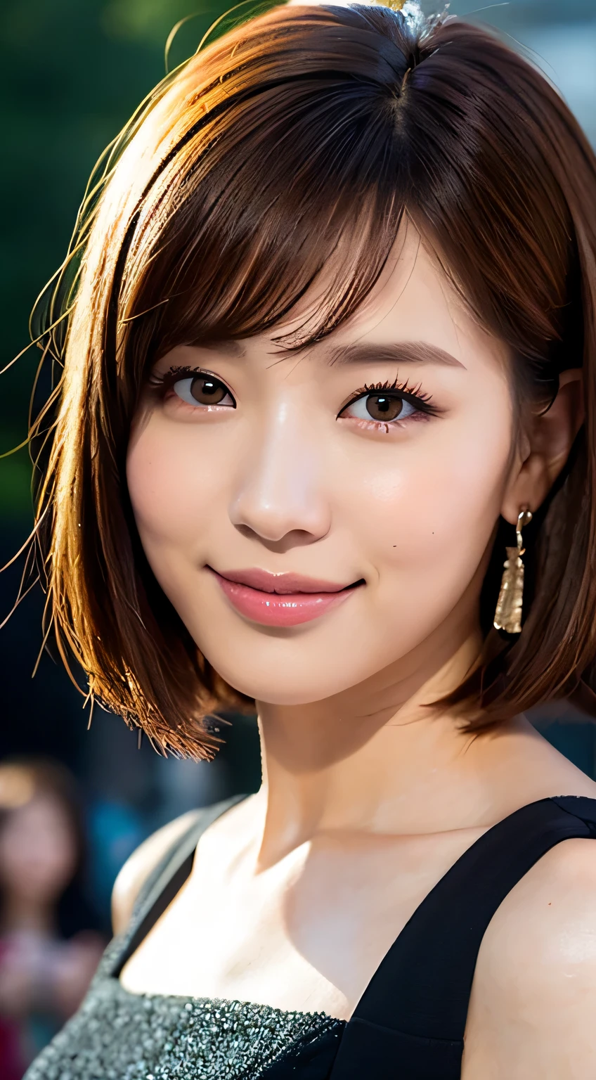 (8K, RAW photo quality, A high resolution: 1.1), (超realistically: 1.4), (realistically, realistically: 1.3), the soft light, bigger, girl, realistically的脸, realistically的身体, realistically的皮肤, hoang lap, tmasterpiece, (cute big breasts: 1.8), cute big breasts, 独奏, (bigger: 1.2), detailed black eyes, an cheeks, (tee shirt: 1.2), Cinematic lighting lighting, filmgrain, ((Bob has short hair: 1.1)), (((Elegant long hair Nova FrogStyle)), Cherry-colored lips, Side face close-up,display earrings, upper part of body, (smile eyes: 0.6), ((Grinning: 1.2)), depth of fields, The background is blurred, Eye focus, 年轻, 年轻, 85mmレンズ / 1.4, profesional lighting, 年轻, sportrait, フォトンマッピング, Radio City, physically-based renderingt