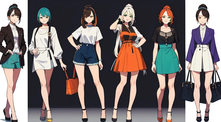 (((Best Quality))) , ((full body)), female, multiple views, white background, variety of hairstyles, variety of fashion styles, seductive pose, fashionable and trendy atmosphere, holding bag,
blue, orange, green, violet, brown, white,