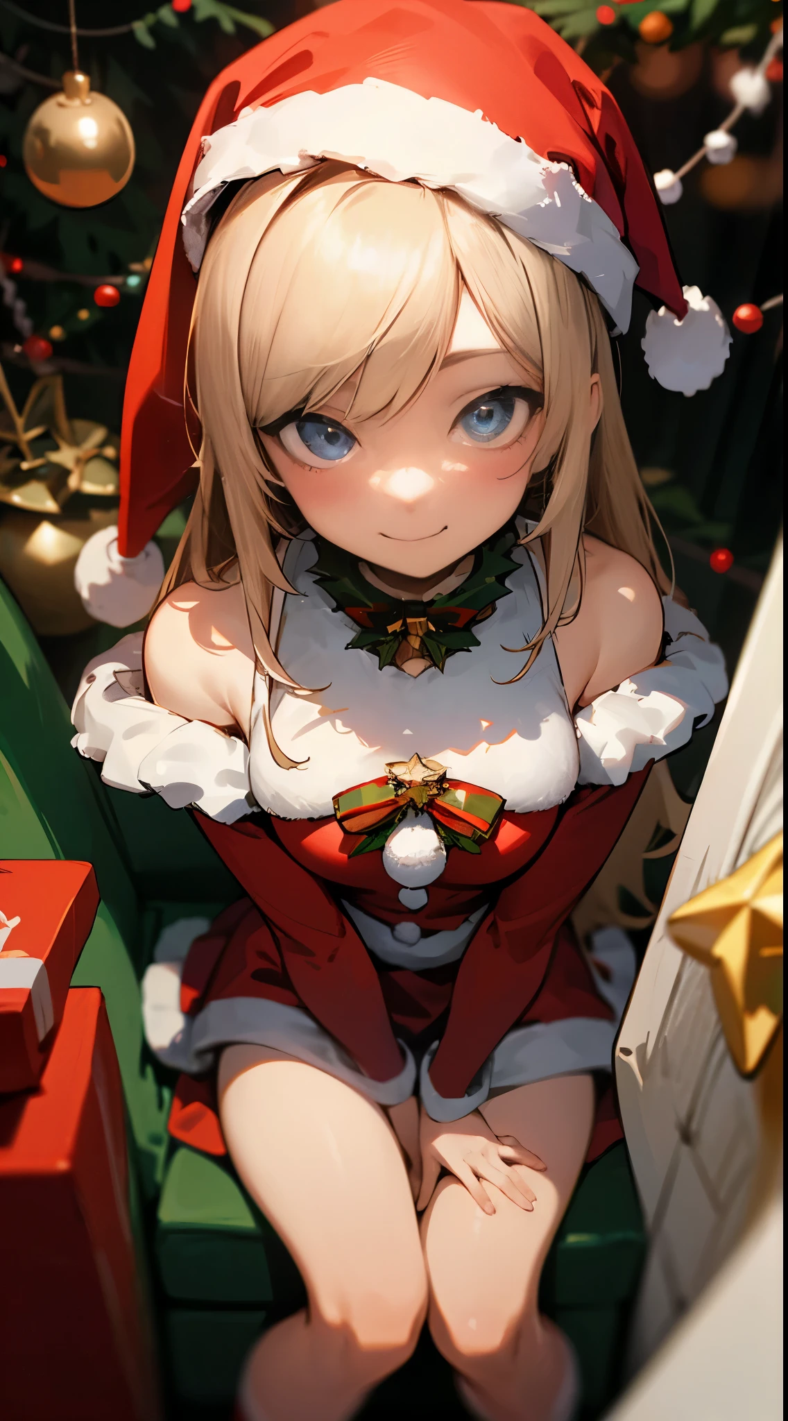 Intricate details: 1.2, ultra-detailliert、Ultra-high resolution、(Detailed eyes and detailed face:1.3), 独奏、(Christmas:1.3), 1girl in、Sitting on a white bed、Kamimei、Dressed in Santa Claus costume、ベッドの側にChristmasツリーがあります、ベッドの上にChristmasプレゼントがあります、pantomime art、expressive body language、silent storytelling、visual narratives、A smile、(Christmasグラフィックをあしらったベッドルーム：1.3), medium shot