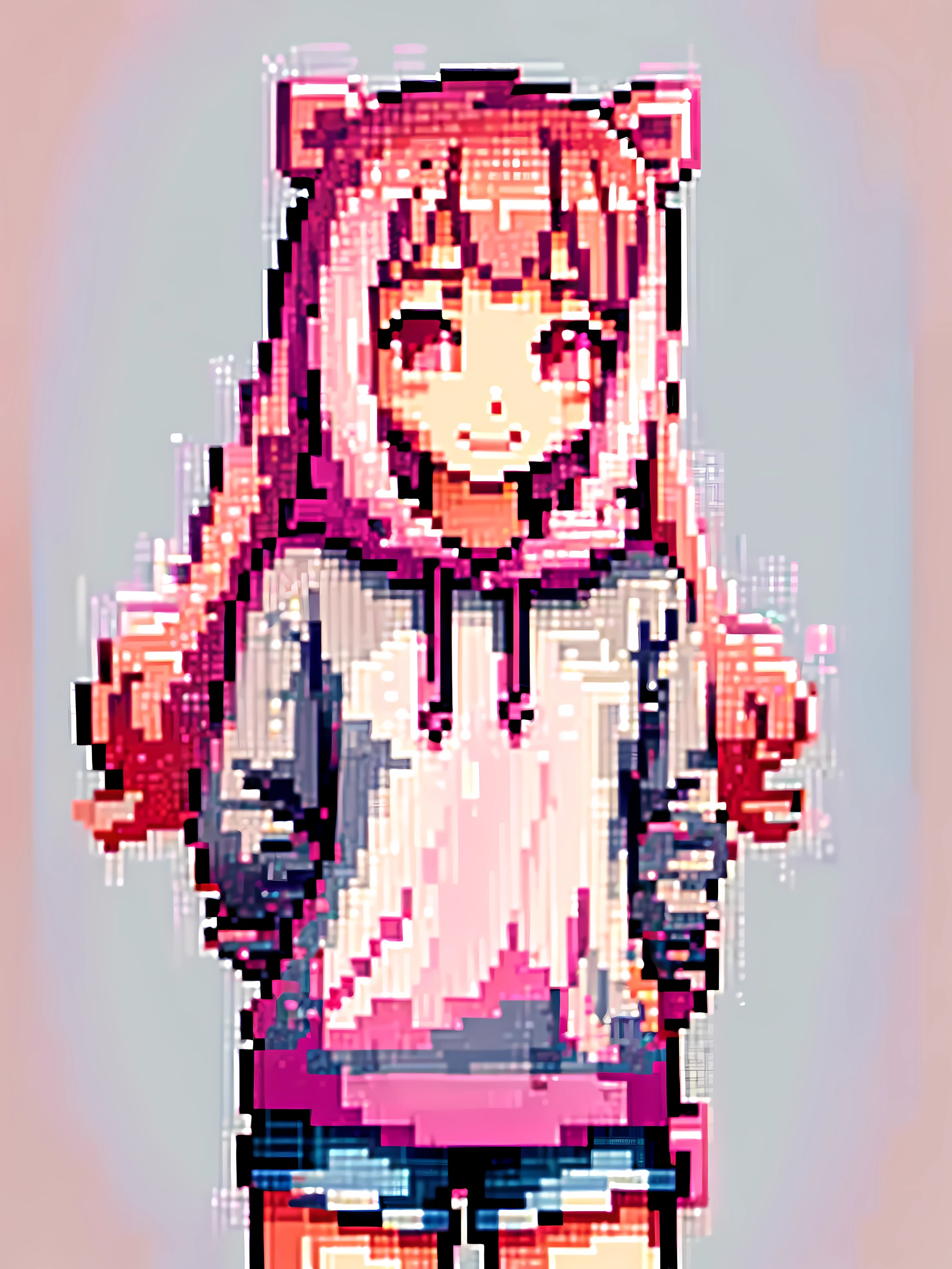 girl in pink long hair, cute, cool pose, selfie, masterpiece, highly detailed, best quality, sharp focus, soft lighting, limited color palette, pastel colors, cute, dark skin, smile, solo, dark brown hoodie, blue shorts, Pink eyes, (pink hair: 0.6), (blue hair: 0.8), (gradient hair: 0.6), short hair, Bratis, pixel art