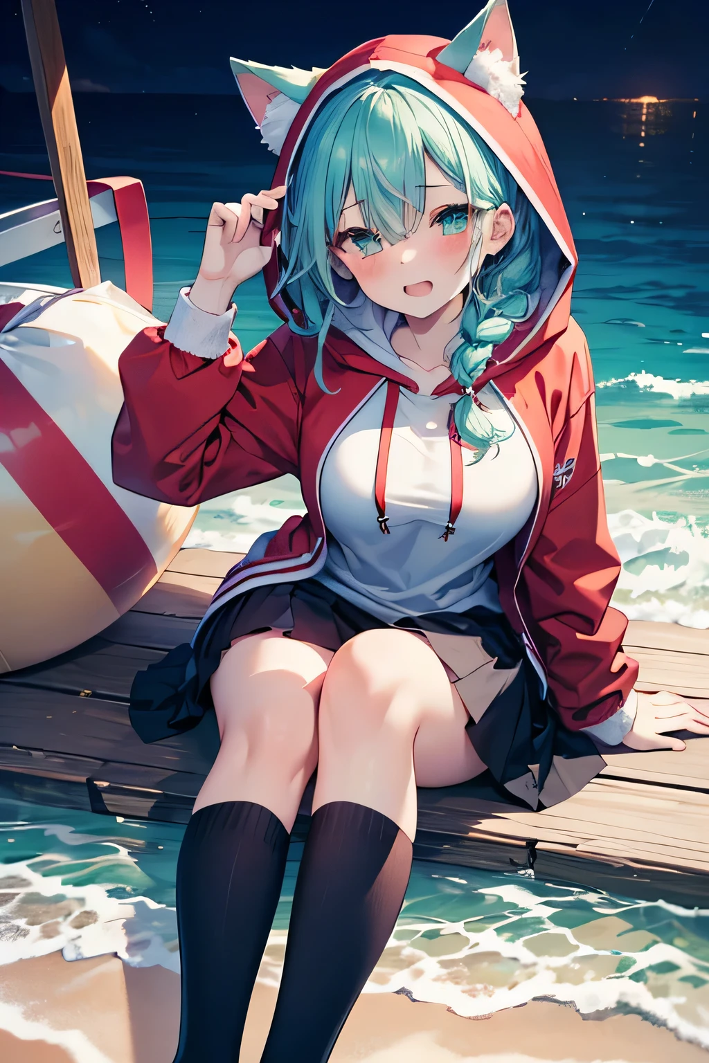 ((masutepiece)), ((Best Quality)), ((8K)), High resolution, 1girl in, Cat ears, Beach, Night, Hoodie, Skirt, knee high, Looking Up, Green eye, light blue and blue hair, Long hair, braid, pale skin, Large breasts, blush, Half closed eyes, 牙, smugness, santa costume