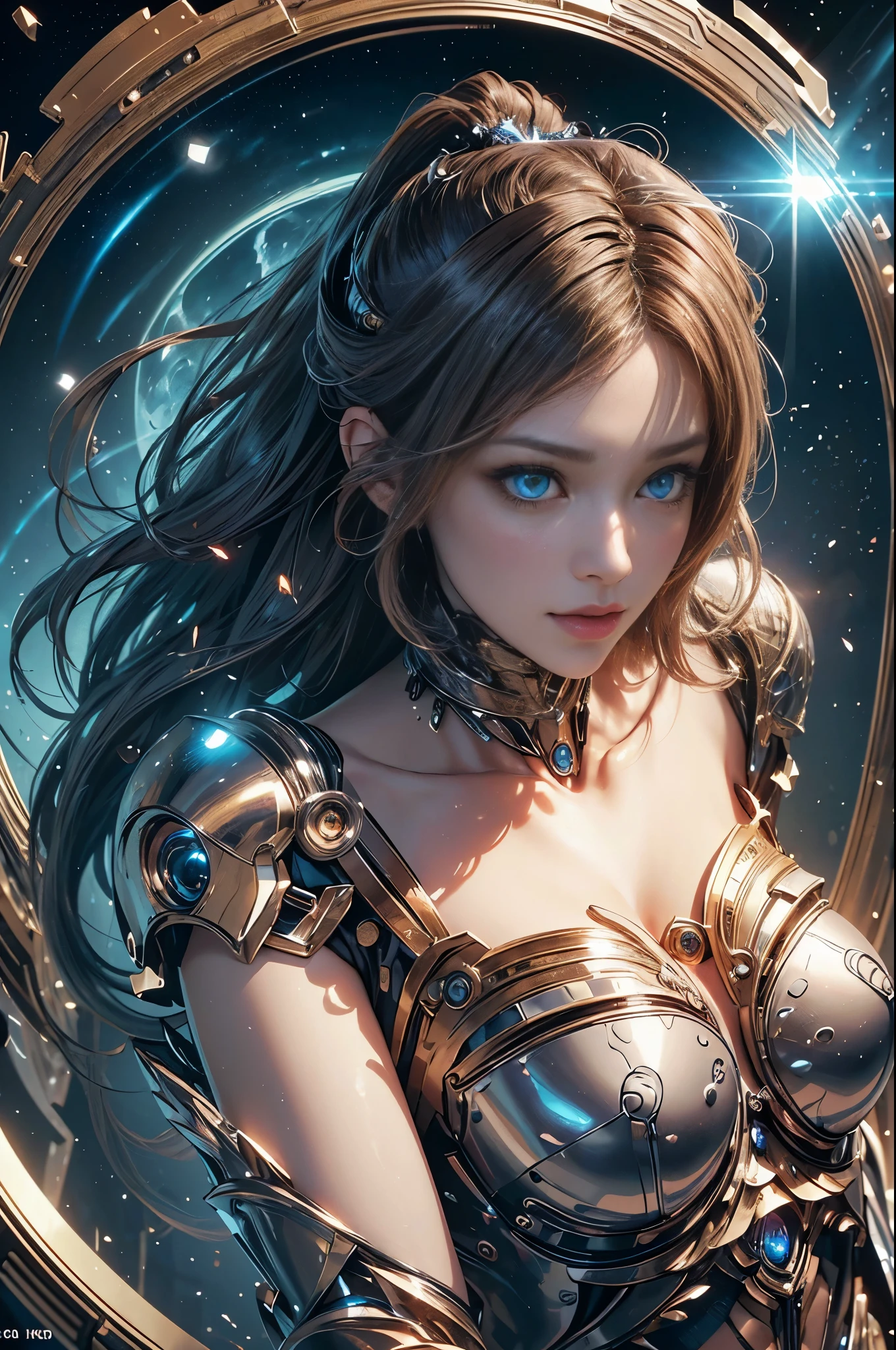 intricate ornate anime cgi style, super detailed fantasy characters, 4K highly detailed digital art, karol bak uhd, cyborg goddess in cosmos, beautiful digital works of art, 2. 5 d cgi anime fantasy artwork, Goddess. extremely high detail, portrait of cyborg queen, extremely detailed goddess shot, Half body machine, Inorganic, Next generation high performance cyborg, Goddess of Machines, The perfect cyborg, ultimate replicant, A masterpiece created by ultra-high performance AI, Final weapon, Best Quality, Perfect Angle, perfect-composition, sharp outline, Best Shots, perfect shapes, perfect model style, Very beautiful and detailed eyes, Hollow eyes, blue eyes without pupils