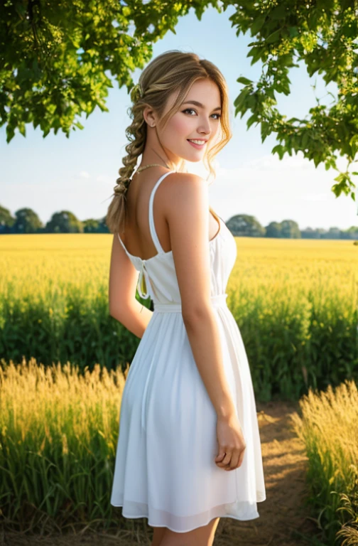 1girl, 20 years old, tall and sexy, very attractive, wearing a cute country dress, hair braided, standing in a rustic farm setting. She has a soft, gentle smile and expressive eyes. Huge breasts, big butt, curvy body.In the background are charming barns, golden wheat fields and clear blue skies. The composition should be bathed in warm golden hour light, with soft depth of field and soft bokeh to accentuate the idyllic tranquility. Capture images as if they were shot on vintage 35mm film for added oomph, filmg,