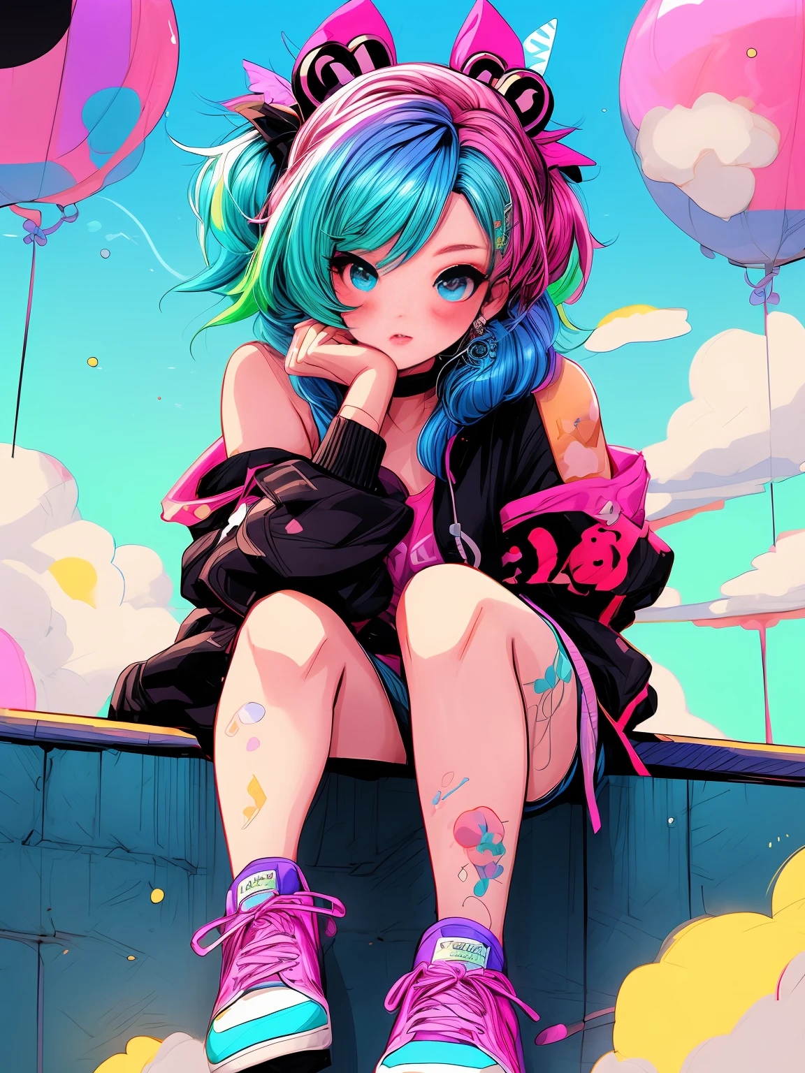 a close up of a person sitting on a ledge with a pair of shoes, decora inspired illustrations, anime vibes, rossdraws pastel vibrant, cute art style, loish art style, decora inspired, inspired by loish, rossdraws cartoon vibrant, beeple and jeremiah ketner, colorful aesthetic, 8 0 s anime vibe, sitting on the cosmic cloudscape