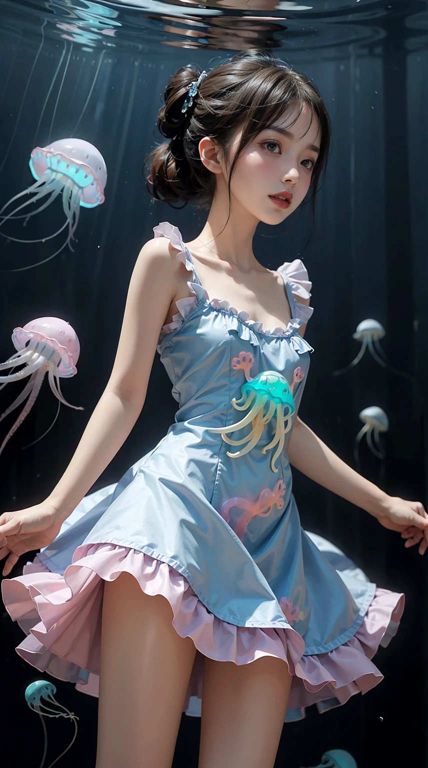 Cute Girl Yes,Flat chest,kawaii,(Jellyfish Girl:1.2), arms behind back,under water,frilled dress,