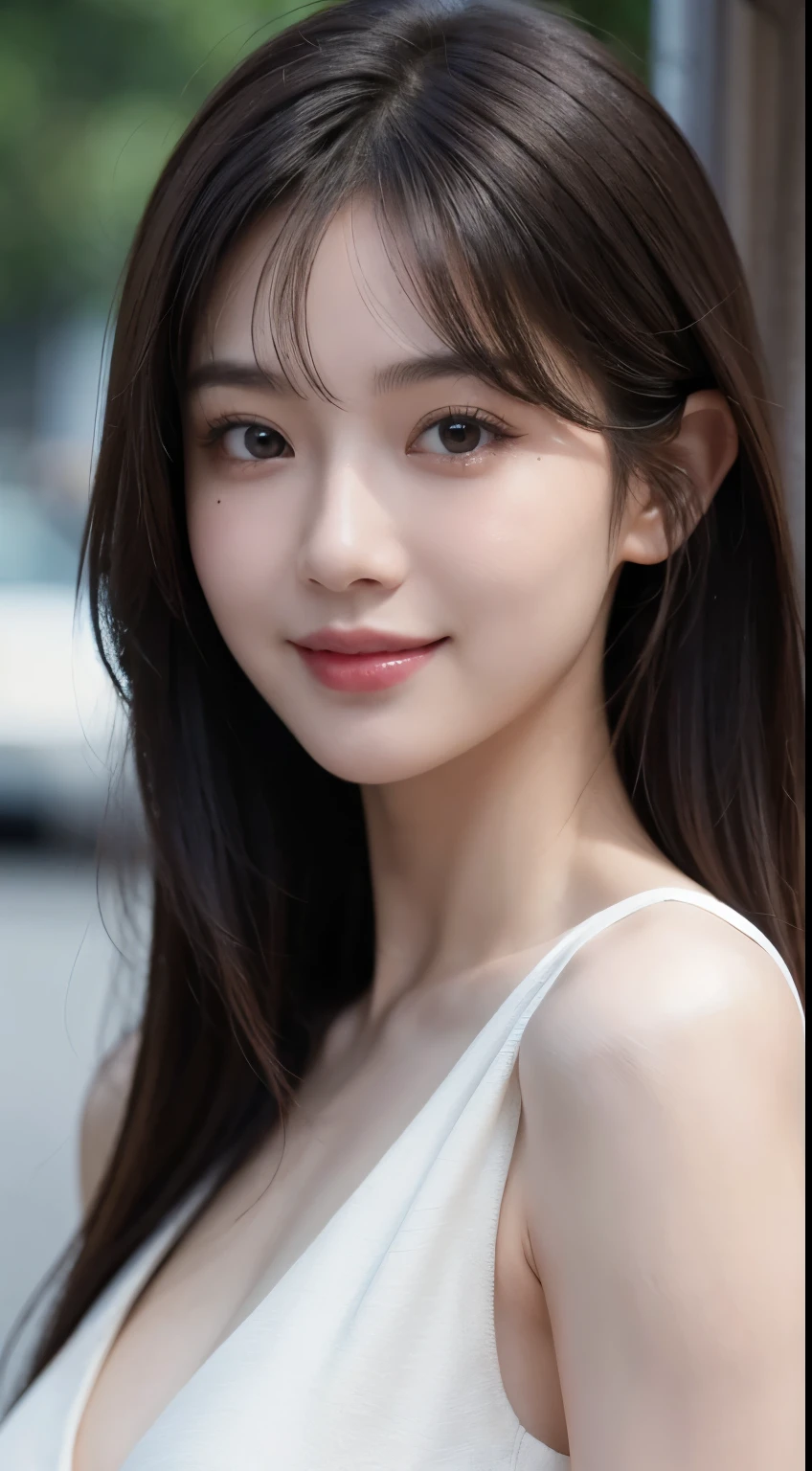 Masterpiece, 1 Beautiful Girl, Detailed Eyes, Swollen Eyes, Best Quality, Ultra High Resolution, (Reality: 1.4), Original Photo, 1Girl, Cinematic Lighting, Smiling, Japanese, Asian Beauty, Korean, Clean, Super Beautiful, Beautiful Skin, Slender, Cyberpunk Background, (Ultra Realistic ), (high resolution), (8K), (very detailed), (best illustration), (beautifully detailed eyes), (super detailed), (wallpaper), (detailed face), viewer looking, fine details, detailed face, pureerosfaceace_v1, smiling, 46 point slanted bangs, looking straight ahead, neat clothes, dark colored eyes, sleeveless, body facing front, short hair, brown hair, divine messenger,