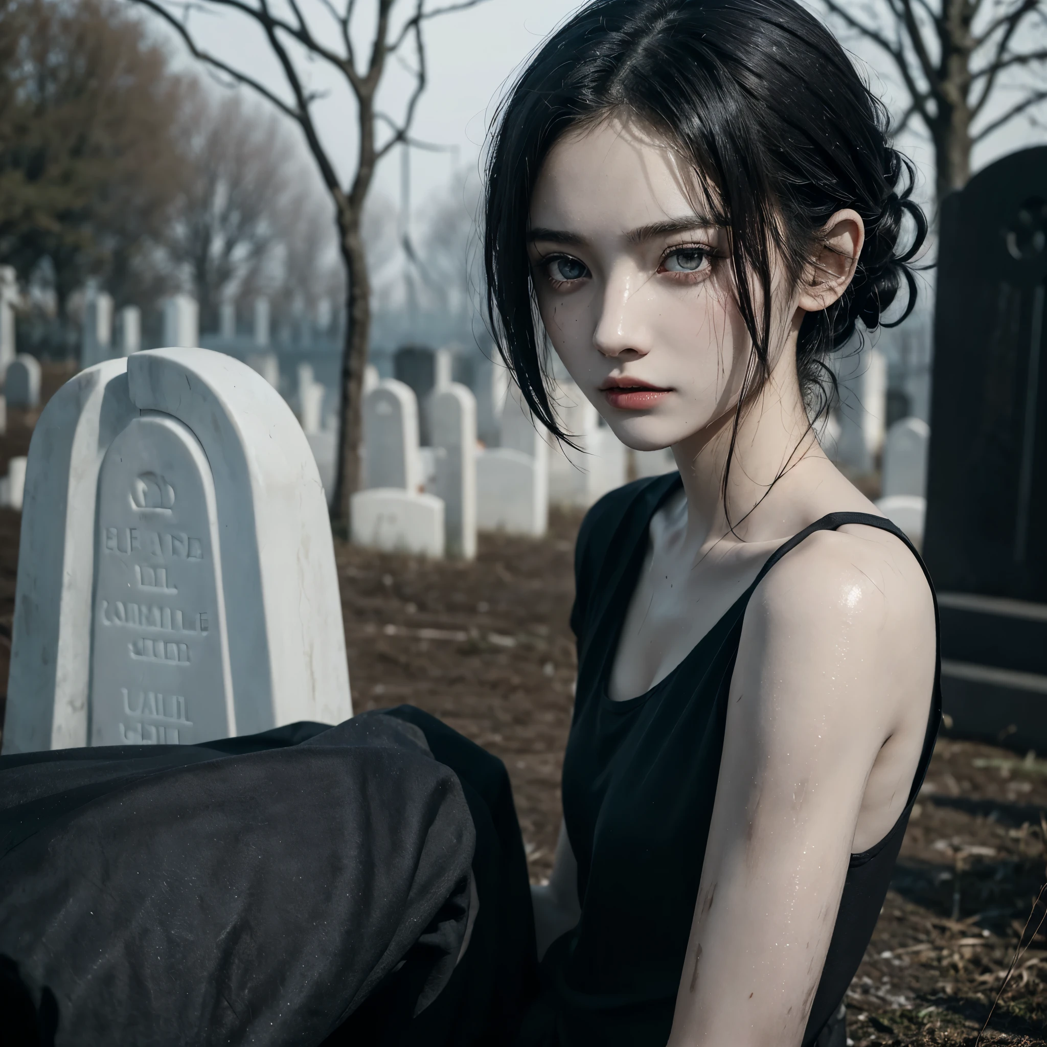 1 girl, solo,  wet skin, sinister, female, thin, pale, looking at the camera, ultra realistic, fully detailed, cemetery environment, bright eyes, black shirt,   putrid wounds, , terrifying, bruised by the body, \ slight smile, super detailed, black short hair,  upper body,