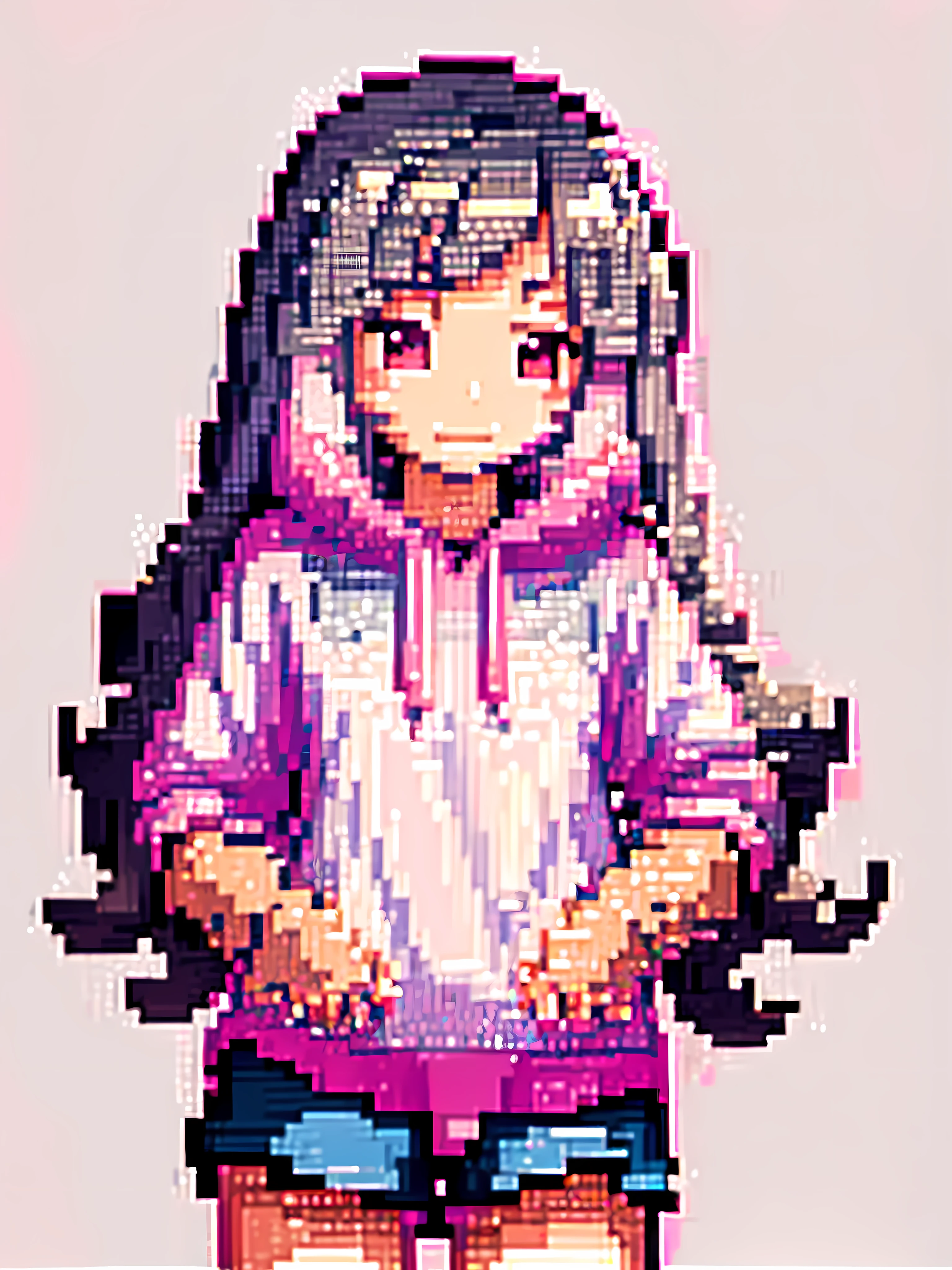 girl in pink long hair, cute, cool pose, selfie, masterpiece, highly detailed, best quality, sharp focus, soft lighting, limited color palette, pastel colors, cute, dark skin, smile, solo, dark brown hoodie, blue shorts, Pink eyes, (pink hair: 0.6), (blue hair: 0.8), (gradient hair: 0.6), short hair, Bratis, pixel art