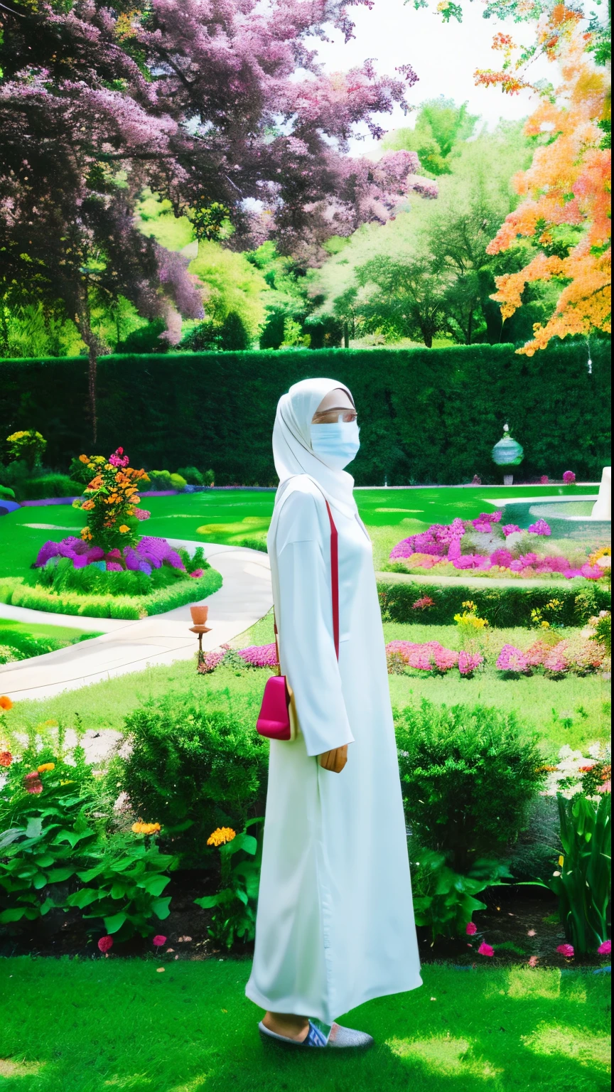 woman, hijab, mask, garden, body looks adjusted to garden, park, flowers, there is a mosque from a distance, pentopel shoes, mountain