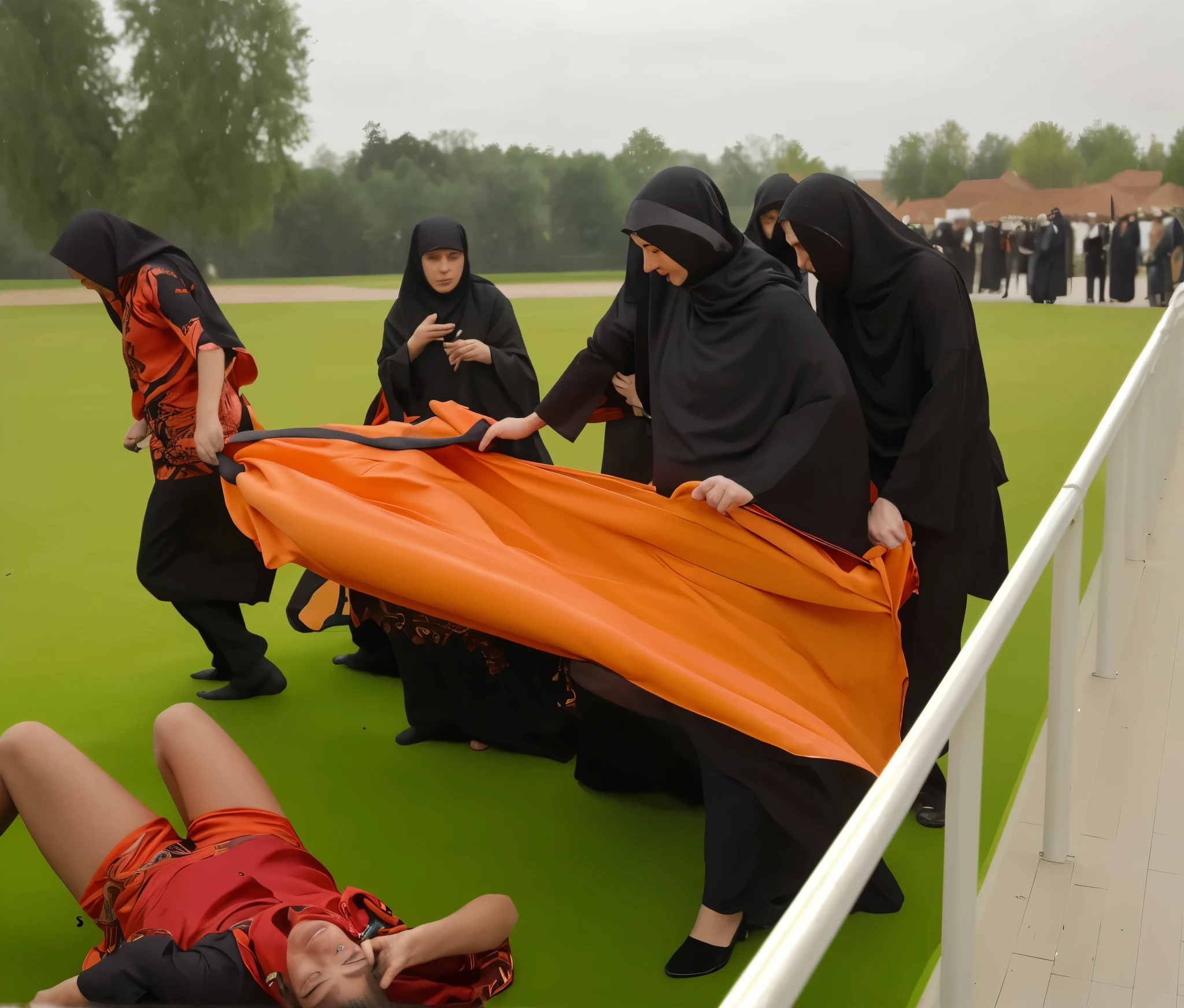 Several women in black and shiny abayas stand around a man, der am Boden liegt, Echtes Foto, Realistische Szene, Kraftvolles Foto, Sportverletzung, Erste Hilfe, Tragbahre, Echt realistisches Bild, gettyimages, arabische ringerfrau, verletzt, Epische Szene, sehr leistungsstark, Nice picture, Virales Foto, 3274589695, Foto-Shot, Intensiver Moment