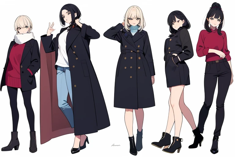 (((Best Quality))) , ((full body)), female, multiple views, white background, variety of hairstyles, variety of fashion styles, seductive pose, fashionable and trendy atmosphere, winter outfits,