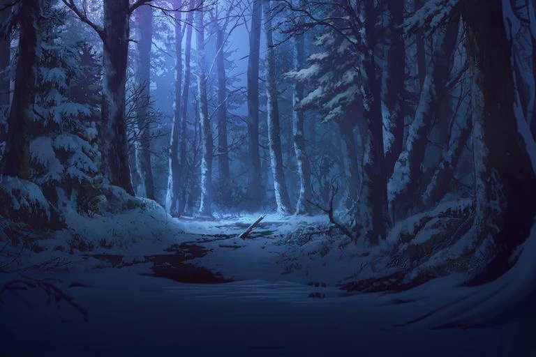 A dark forest with a stream running through it, Winter Art Concept, anime Background art, Background art, Snowy forest, Snowy forest, Anime background, Lush anime John 8K Woods, Background artwork, Moonlit forest environment, Blue forest, in a Snowy forest setting, Winter forest, A quiet night scene in the forest, Inspired by Andreas Rocha, Moonlit forest, Snowy environment