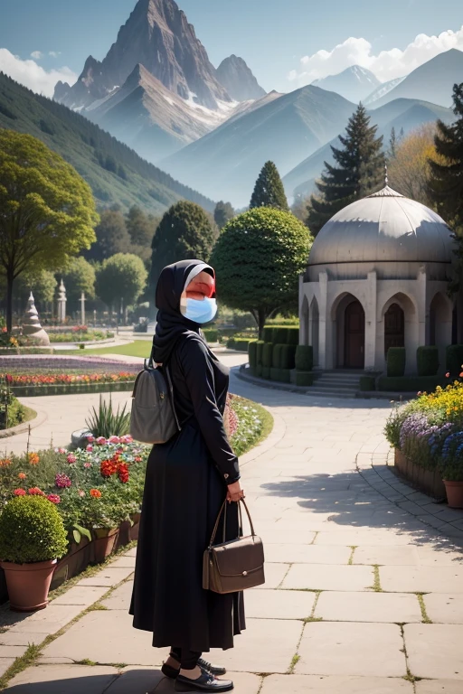 woman, hijab, mask, garden, body looks adjusted to garden, park, flowers, there is a mosque from a distance, pentopel shoes, mountains