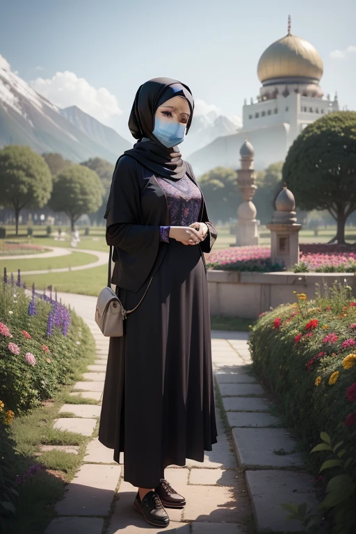 woman, hijab, mask, garden, body looks adjusted to garden, park, flowers, there is a mosque from a distance, pentopel shoes, mountains
