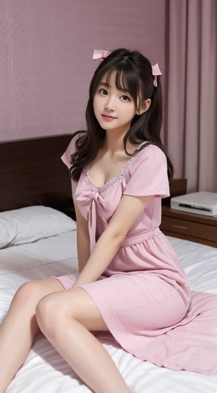 female student、20yr old、Long gray hair、realistically、k hd、Sexy nightdress、in pink、Bow knot、Sitting on the bedside、Lie down in bed、Have a well-proportioned figure、It looks beautiful