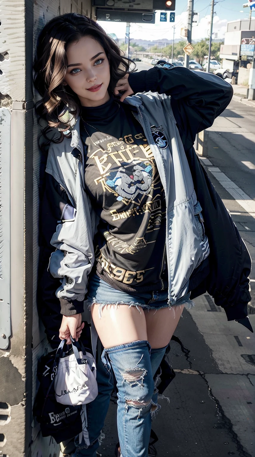 19-year-old woman、Hair color is brunette、Eye color is blue、Longhaire、wearing eye shadow and lipstick、Slender but well-proportioned muscular body、a smile、huge tit、is wearing jacket、He wears a shirt with a logo inside his jacket.、I'm wearing boyfriend denim、I'm wearing high heels、a smile、I'm in front of an old concrete wall with wall art on it.、The sun is shining from above