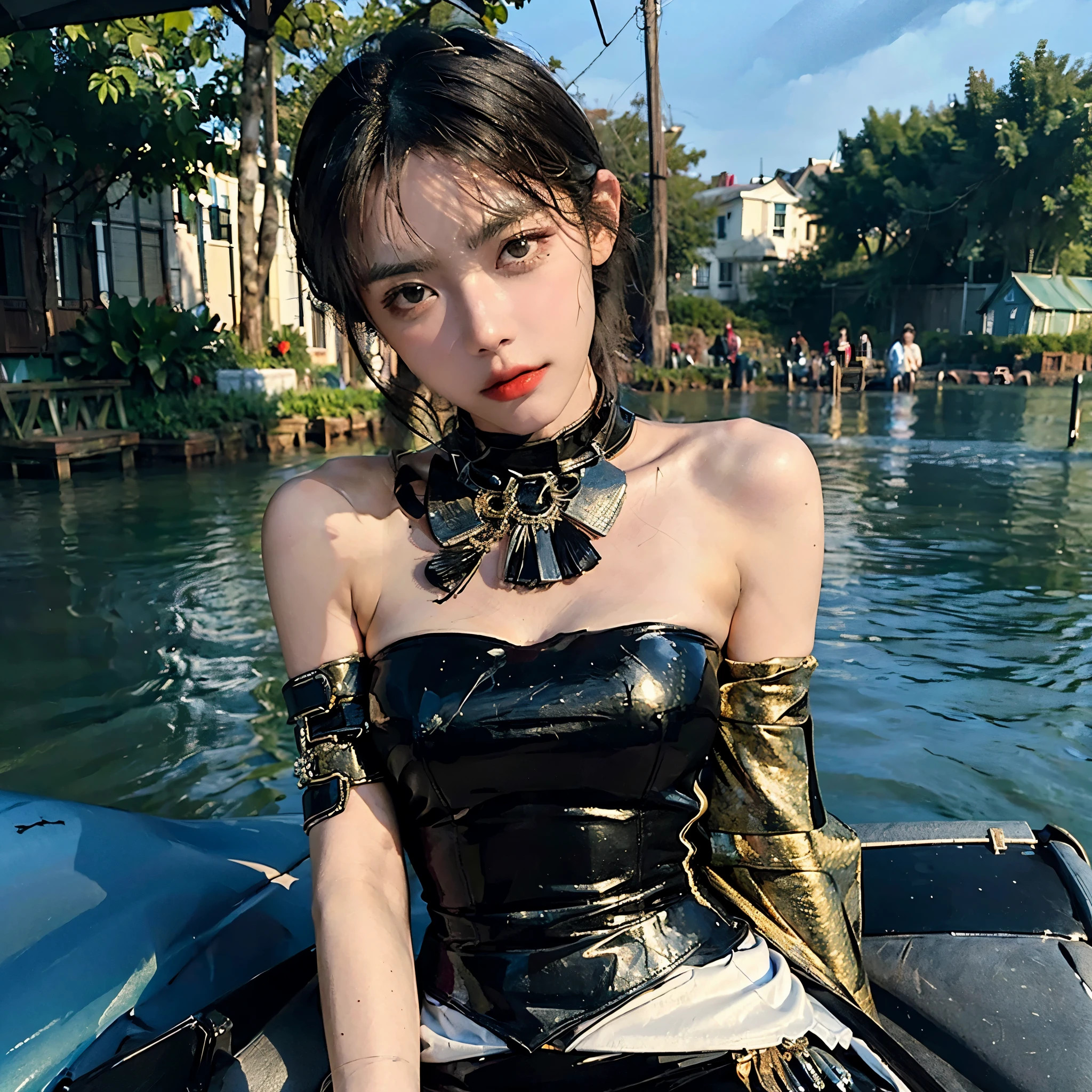(on the beach), woman with a whip, ((top quality, 8k, masterpiece: 1.3)), crisp focus: 1.2, beautiful woman with perfect figure: 1.4, slender abs: 1.2, ((layer cut, big: 1.2)), (rain, street: 1.2), wet body: 1.5, highly detailed face and skin texture, detailed eyes, very short hair, studio,BDSM,slave,rubberdress