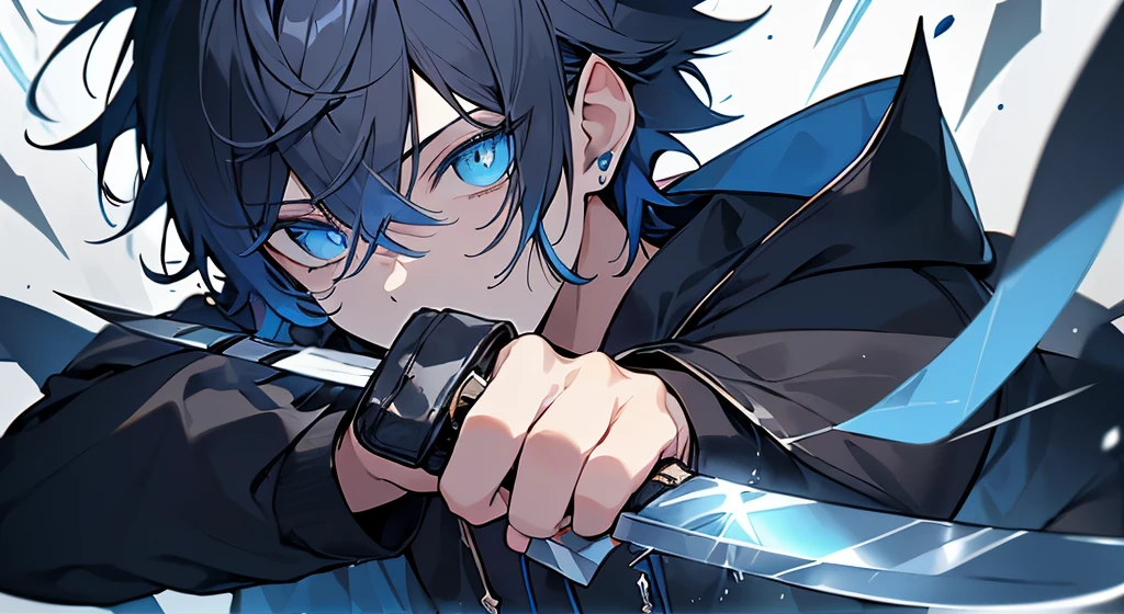 Reliance on black background、Particles of light、chromatic abberation、(One Boy:1.3)、A dark-haired、(Blue Jacket Hood)、(blue eyess:1.6)、Works with a vivid texture、(hair messy:1.2)、short-hair、(Boy fighting with a knife:1.3)、青いdaggersを持つ少年、Blue knife、daggers