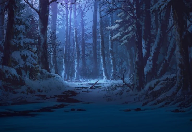 A dark forest with a stream running through it, Winter Art Concept, anime Background art, Background art, Snowy forest, Snowy forest, Anime background, Lush anime John 8K Woods, Background artwork, Moonlit forest environment, Blue forest, in a Snowy forest setting, Winter forest, A quiet night scene in the forest, Inspired by Andreas Rocha, Moonlit forest, Snowy environment