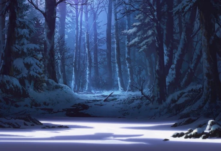 A dark forest with a stream running through it, Winter Art Concept, anime Background art, Background art, Snowy forest, Snowy forest, Anime background, Lush anime John 8K Woods, Background artwork, Moonlit forest environment, Blue forest, in a Snowy forest setting, Winter forest, A quiet night scene in the forest, Inspired by Andreas Rocha, Moonlit forest, Snowy environment