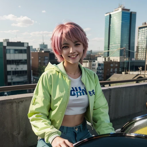 4k, semi-realistic, anime, high detailed, super eyes detailed, white crop, green coloured jacket, blue oversized pants, short hair, in the city, pink hair, yellow eyes, playing drums, smiling
