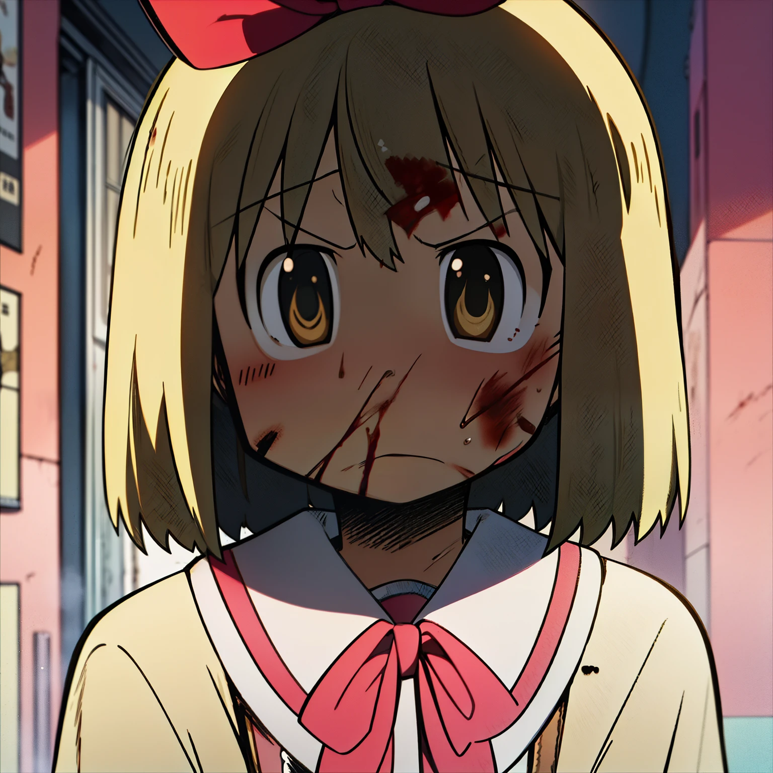 Haruna Annaka, Blonde, Short hair, a large red ribbon on your head, olive colored eyes, High school students, (a beautiful painting), empty eyes,  Detailed background, portrait, school uniform, ((A painful look)), flat chest, ((Nosebleed, bruise, bleeding from the head)), Shady back alley, dark, eerie