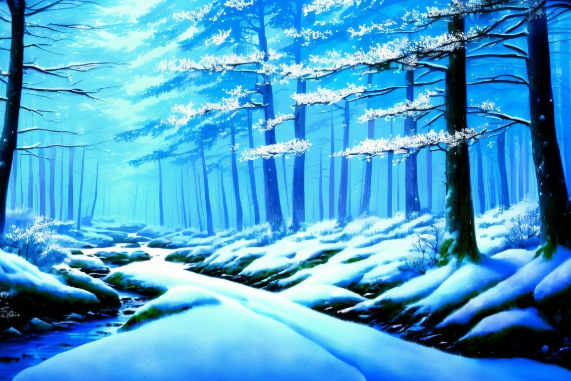 A dark forest with a stream running through it, Winter Art Concept, anime Background art, Background art, Snowy forest, Snowy forest, Anime background, Lush anime John 8K Woods, Background artwork, Moonlit forest environment, Blue forest, in a Snowy forest setting, Winter forest, A quiet night scene in the forest, Inspired by Andreas Rocha, Moonlit forest, Snowy environment