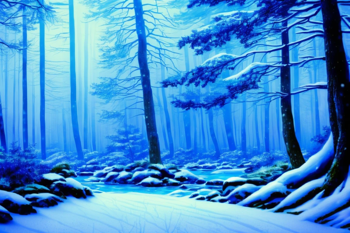 A dark forest with a stream running through it, Winter Art Concept, anime Background art, Background art, Snowy forest, Snowy forest, Anime background, Lush anime John 8K Woods, Background artwork, Moonlit forest environment, Blue forest, in a Snowy forest setting, Winter forest, A quiet night scene in the forest, Inspired by Andreas Rocha, Moonlit forest, Snowy environment
