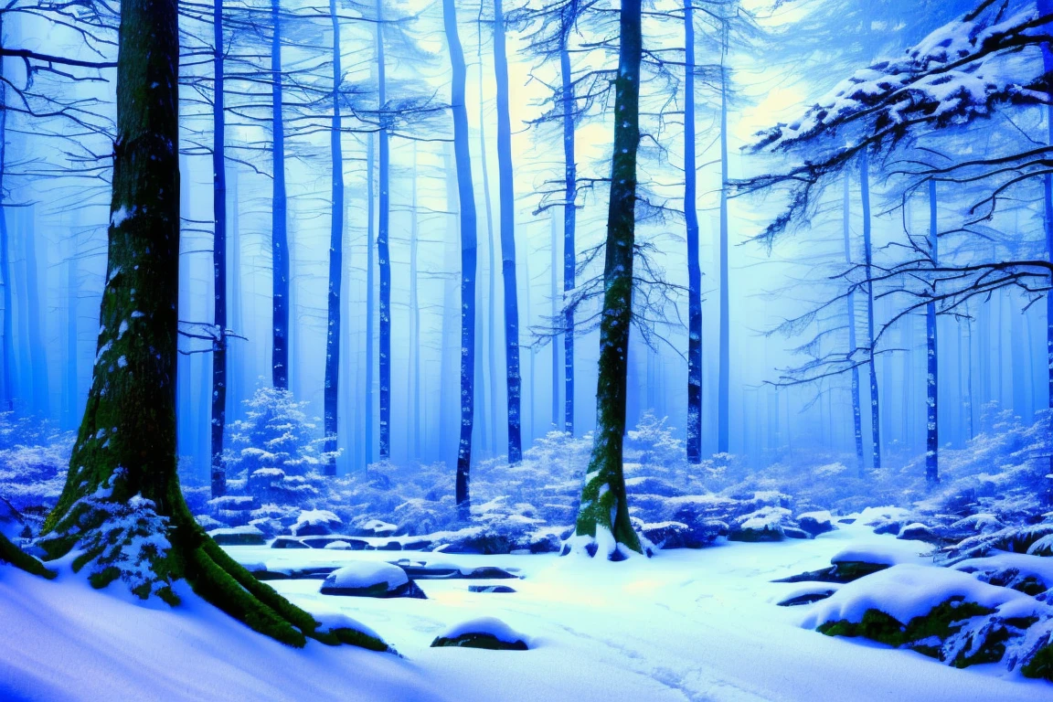 A dark forest with a stream running through it, Winter Art Concept, anime Background art, Background art, Snowy forest, Snowy forest, Anime background, Lush anime John 8K Woods, Background artwork, Moonlit forest environment, Blue forest, in a Snowy forest setting, Winter forest, A quiet night scene in the forest, Inspired by Andreas Rocha, Moonlit forest, Snowy environment