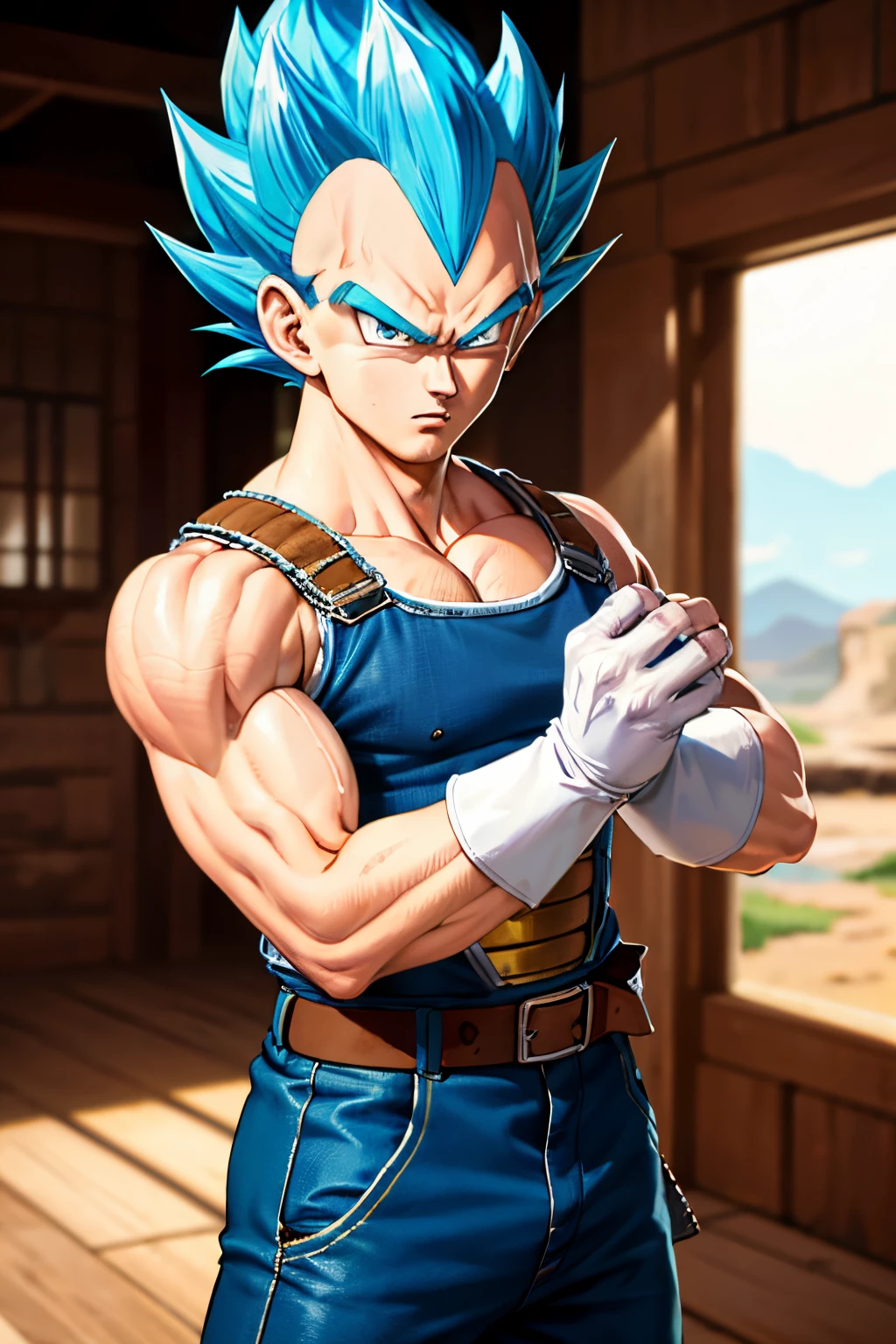 (masterpiece, best quality: 1.2), cowboy shot, solo, male focus, 1boy, vegeta, serious, looking at the viewer, spiked blue hair, green eyes, armor, white gloves, martial arts