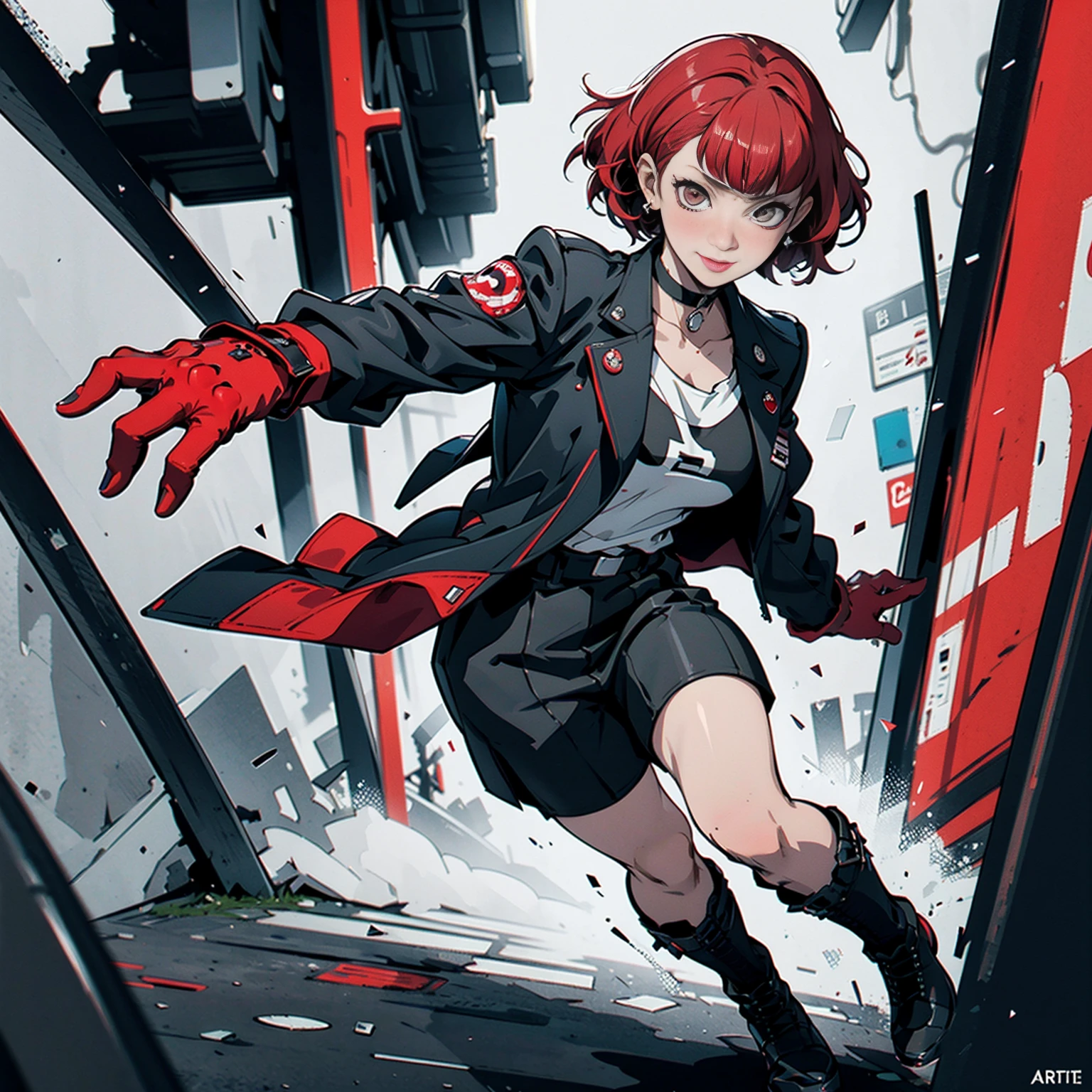 in the art style of persona 5, smal breast, delinquent, (sukeban), mature_female, blush, mature, older woman, 25 years old, Sukeban teacher outfit, (1girl, solo female, solo, solo focus)++++, choker, sukeban school teacher, sukeban school fighter, long_sleeves, open jacket, blue jacket, jean, light skin tone female, full body, jacket, biker jacket, tape, arm_support, gloves, red_gloves, bridal gauntlets, nail polish, boots, hioots, black_footwear, fighter outfit, full body, hourglass, mature face, cheeky smile, cheeky face, wrinkles, (red hair, short hair, bob cut, earrings, ear piercings), red eyeighting art, Martial arts, standing, fighting_stance, fight, fighting), extra colors, 2D, megapixel, perfectionism, accent lighting, full HD , (Masterpiece:1.2), (full-body-shot:1),(cowboy shot:1.2), (Highly detailed:1.2),(Detailed Face:1.2), Colorful, A detailed eye, (Detailed landscape:1.2), (natural lighting:1.2), ((sukeban school teacher)) by Vincent Di Fate: Aidyllery, Anamorphic Shot, rule of thirds, face by Artgerm and WLOP,