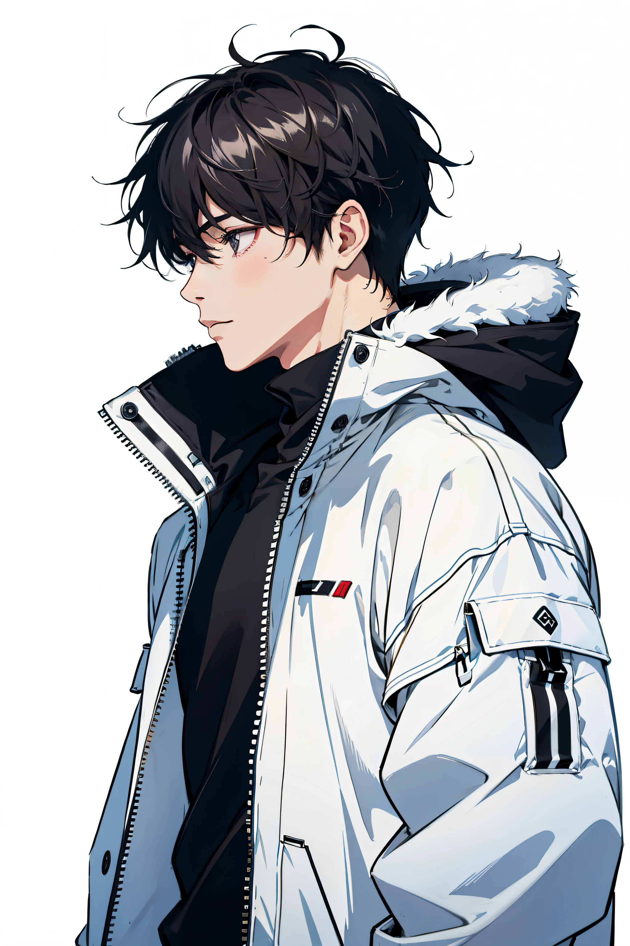 resolution、ultra-detailliert、1 male、Korean style、A dark-haired、White background、parka、