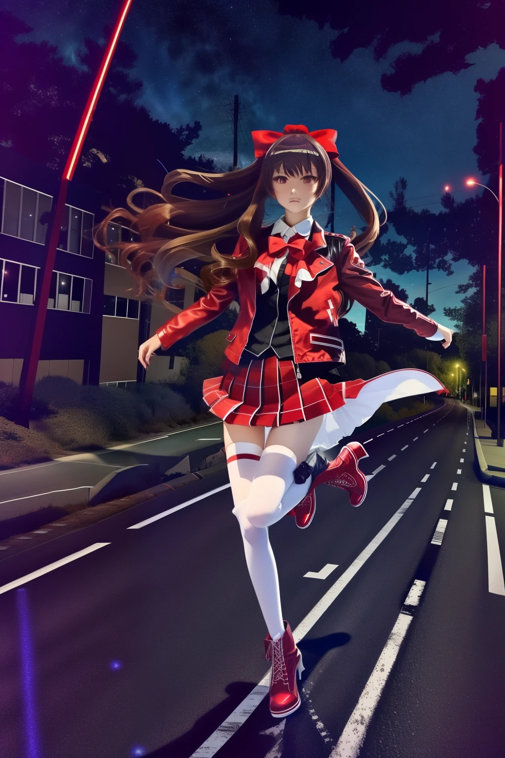 masterpiece, best quality,, maruzensky (umamusume),, red thighhighs, red jacket, pleated skirt, red skirt, long sleeves, choker, red shirt, open jacket, white bow, open clothes, high heel boots, asphalt road, running, eye trails, night sky, neon, from above,,