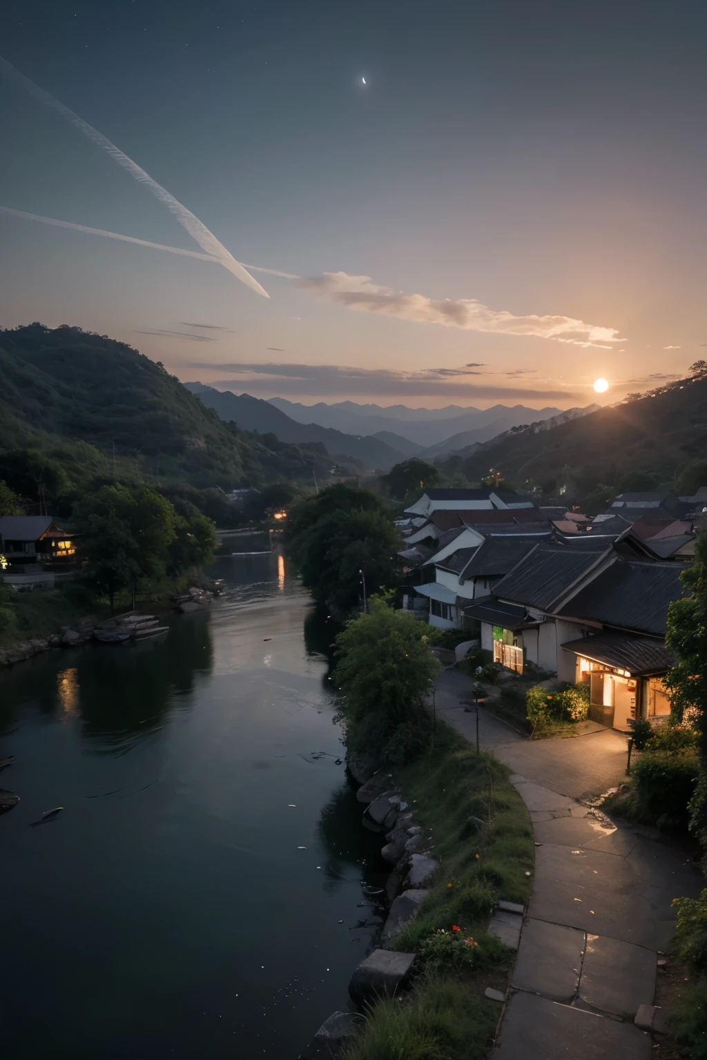 nighttime scene与一些亚洲人的房子, vietnam, vietnam, Ha Giang, themoon, lake in foreground, calm evening, green and blue, Digital illustration, 4k highly detailed digital art, nighttime scene, Anime art wallpaper 4k, Anime art wallpaper 4k, 4k detailed digital art, nighttime nature landscape, Anime art wallpaper 8 K, background artwork, Beautiful Art Ultra HD 4K, 4 k hd illustrative wallpaper