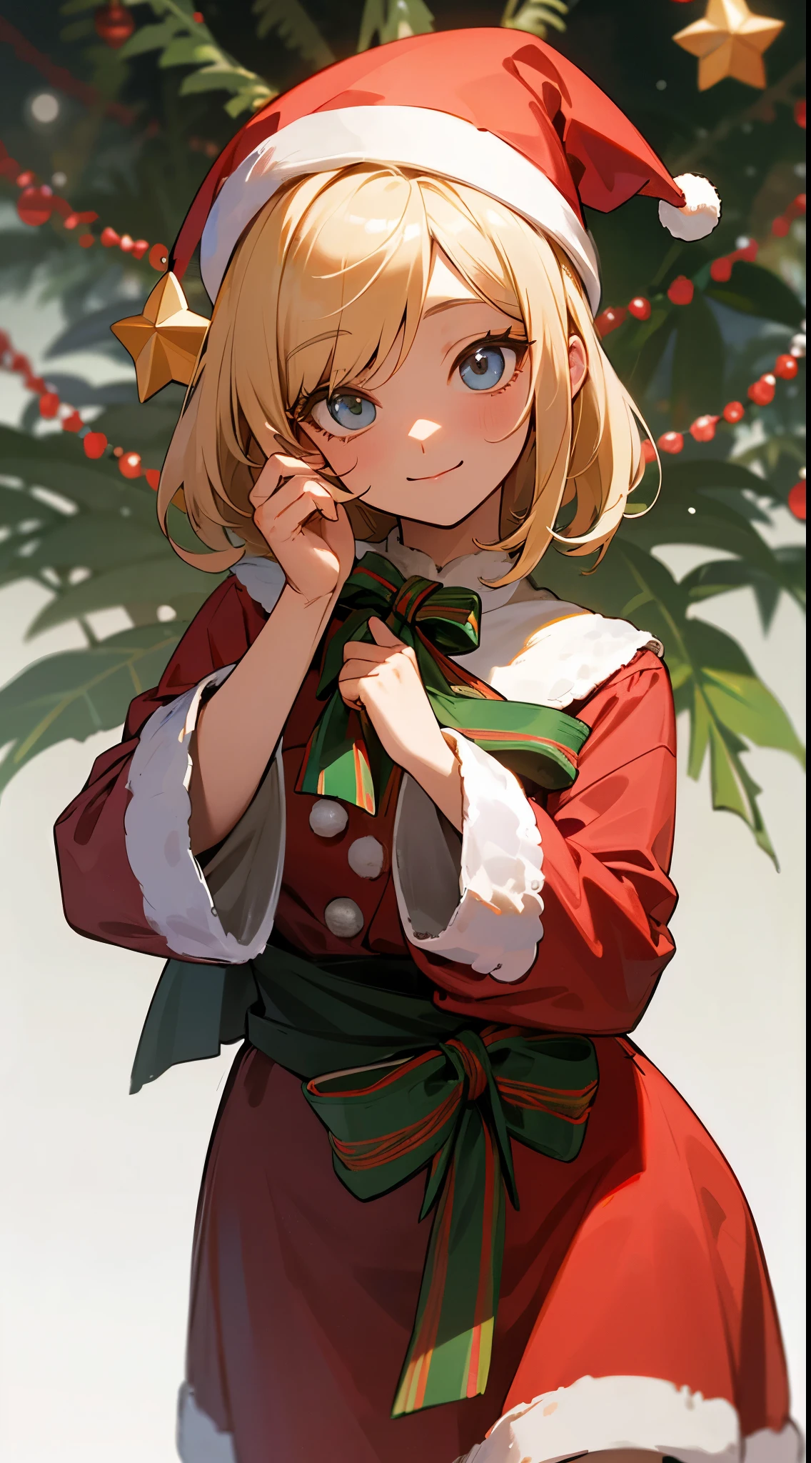Intricate details: 1.2, ultra-detailliert、Ultra-high resolution、(Detailed eyes and detailed face:1.3), 独奏、(Christmas:1.3), 1girl in、Dressed in Santa Claus costume、Christmasツリーがあります、Christmasプレゼントがあります、pantomime art、expressive body language、silent storytelling、visual narratives、A smile、Christmasグラフィックをあしらった部屋, face focus