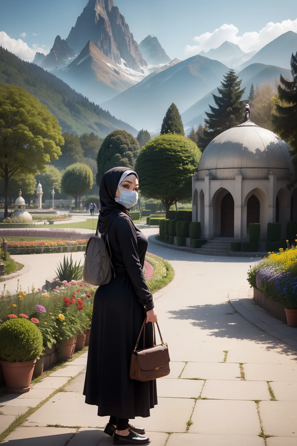woman, hijab, mask, garden, body looks adjusted to garden, park, flowers, there is a mosque from a distance, pentopel shoes, mountains