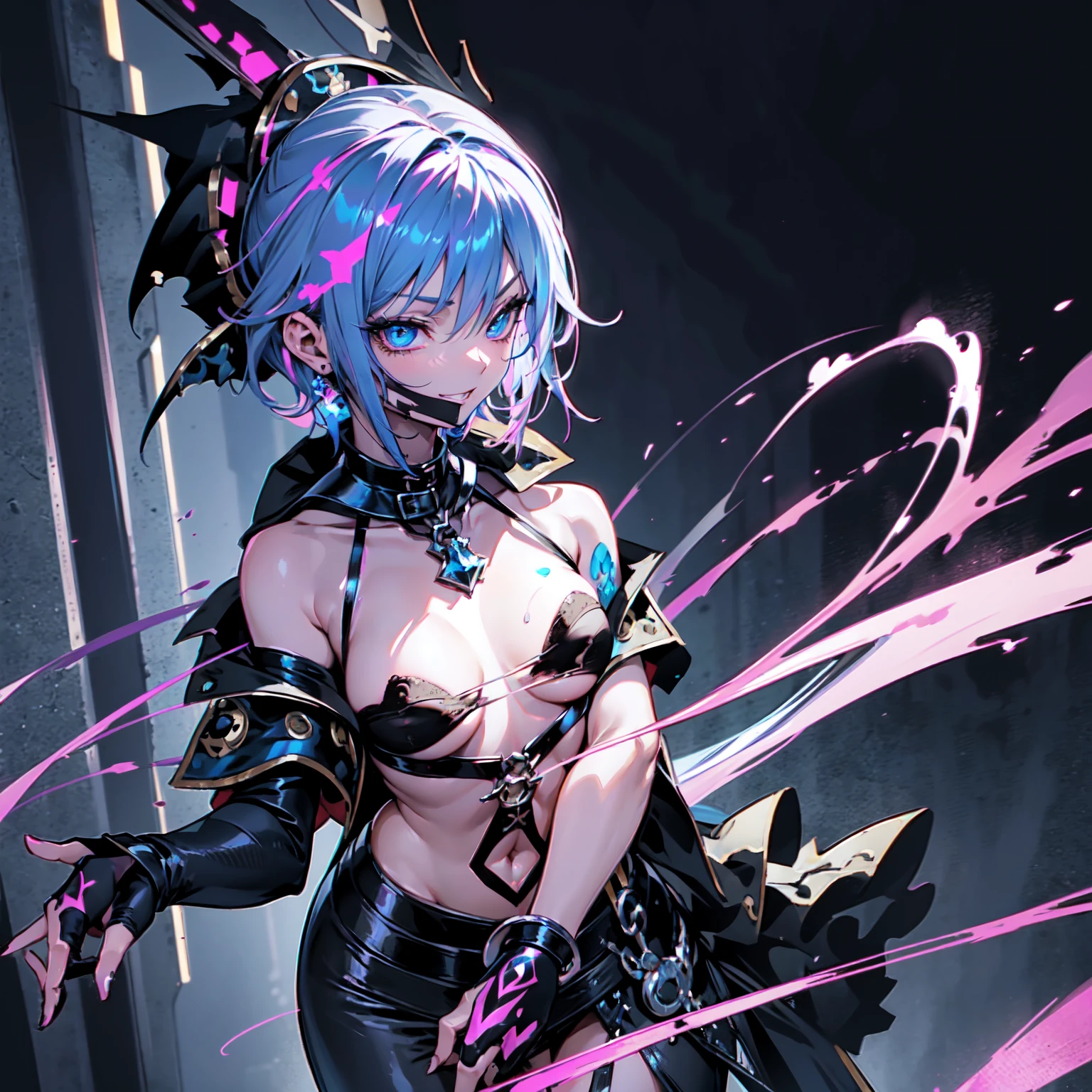 {nsfw ami mizuno},finely detail, beautiful detailed eyes, ultra detailed, evil succubus ami mizuno, dark-skinned female, corruption, succubus, pubic tattoo, dark aura, full body
1girl, full body,(evil fall ami mizuno)++++++,((1girl, solo female, solo, solo focus))+++++++, 1girl, solo female, mature female, standing, full body, evil, dark persona, bad end, contrapposto, villain, dark heroine,
lips, eyelashes, pubic hair, innie , evil grin, evil smile, sadistic, erotic lips, seductive eyes, drooping eyes, provocative expression, small breasts, erect nipples visible through clothing, areolae, licking, after act, piercing, erect nipples visible through clothing, collarbone, veins on body, blue hair, blue eyes, short hair, beautiful detailed eyes,
between labia, skin tight, fingerless_gloves, ,extremely shiny black magical girl costume, pink neon trim, extremely wrinkled magical girl costume, extremely shiny puffy magical girl costume, frill, extremely transparent skirts, evil smile, black PVC vinyl panties,
(pirate clothe:1.5), indifference,(bare shoulders:1.5),(under boobs:1.2),collarbone, (beautiful detailed background:1.2),(victorian city skyline:1), (rooftop:1),best quality, (beautiful lighting:1),