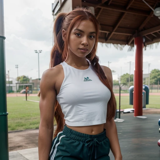 1girl, (solo), anime girl with long ponytail, girl with red hair, large green eyes,  smirk, folding her arms, wearing white armless shirt, medium dark skinned, athelete, muscular arms, blue shorts, one prosthetic leg, serious looking, at a playground