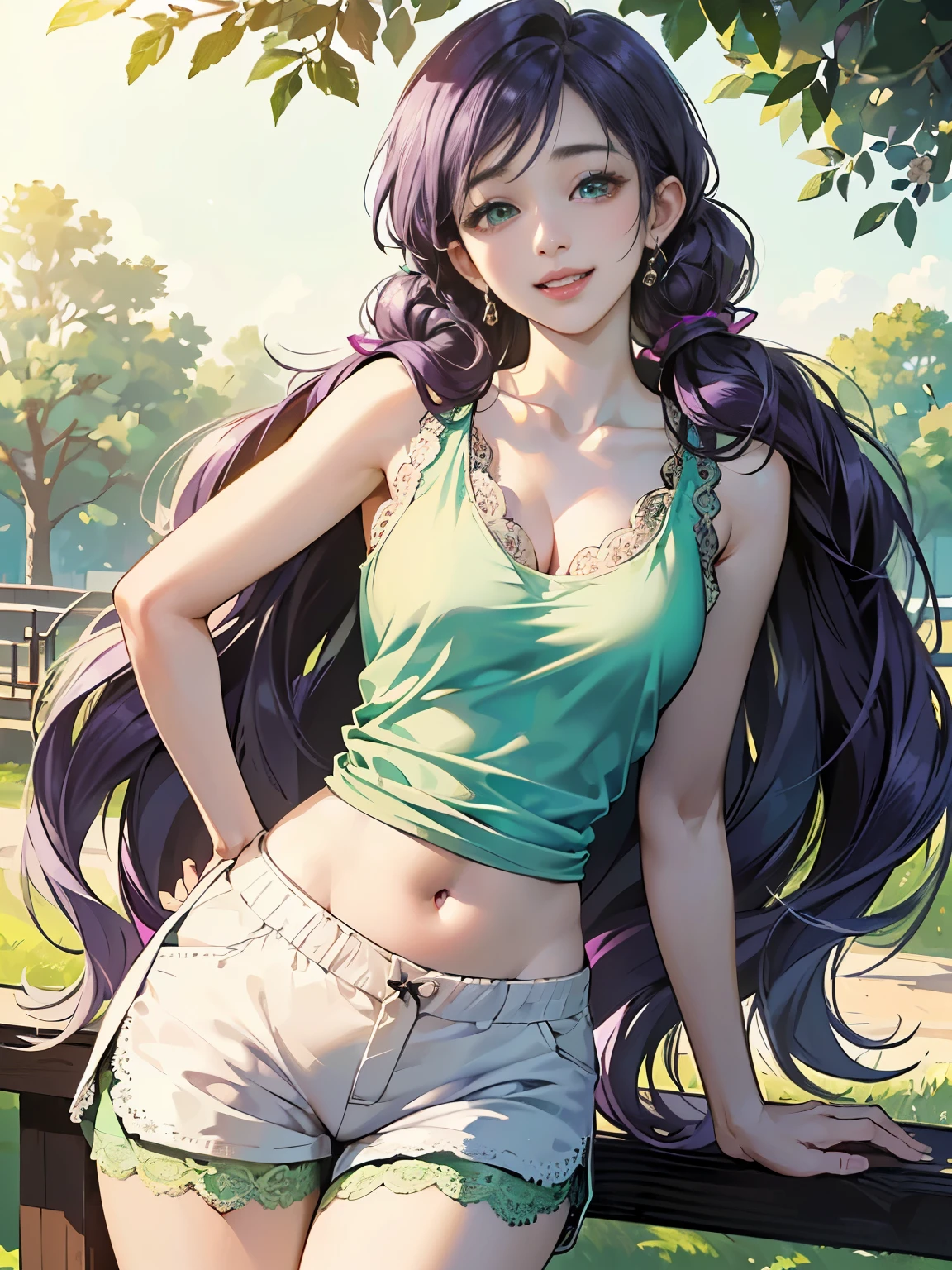 ((((top-quality))))、(((Ultra Precision CG16K Wallpapers)))、(((masterpiece)))、(((ultra-detailliert)))、(((Ultra-extreme details)))、1Man Woman、a matural female、a 25yo woman、((Japanese face))、((extremely beautiful face))、((sasaki nozomi:1.5))、((Straight semi-long hair:1.3))、(shinny hair)、Bangs up to the eyebrows、Beautiful brown hair、Beautiful delicate eyes、Brown eyes、raised eyebrows、lofty nose、small nostrils、small mouth、seductive lips、slightly open mouth、Beautiful breasts、C-cup size breasts、cleavage of the breast、Plump body、perfectly proportions、perfect anatomia、perfect-composition、beautiful detailed shading、Beautiful natural lighting、Beautiful detail glow、depth of fields、(((a high chroma)))、(((realisitic:1.9)))、((Vivid:1.4))、((Beautiful skin))、((Skin texture))、((realisiticな皮膚感))、(((Head-to-thigh shot:1.5)))、((Frontal angle:1.5))、((a smile:1.4))、(Eyes looking at me)、Bright sunshine、(((standing in park:1.5)))、(standing pose)、(((mint green color lace tank top clothing:1.5)))、(((White cotton shorts:1.5)))、