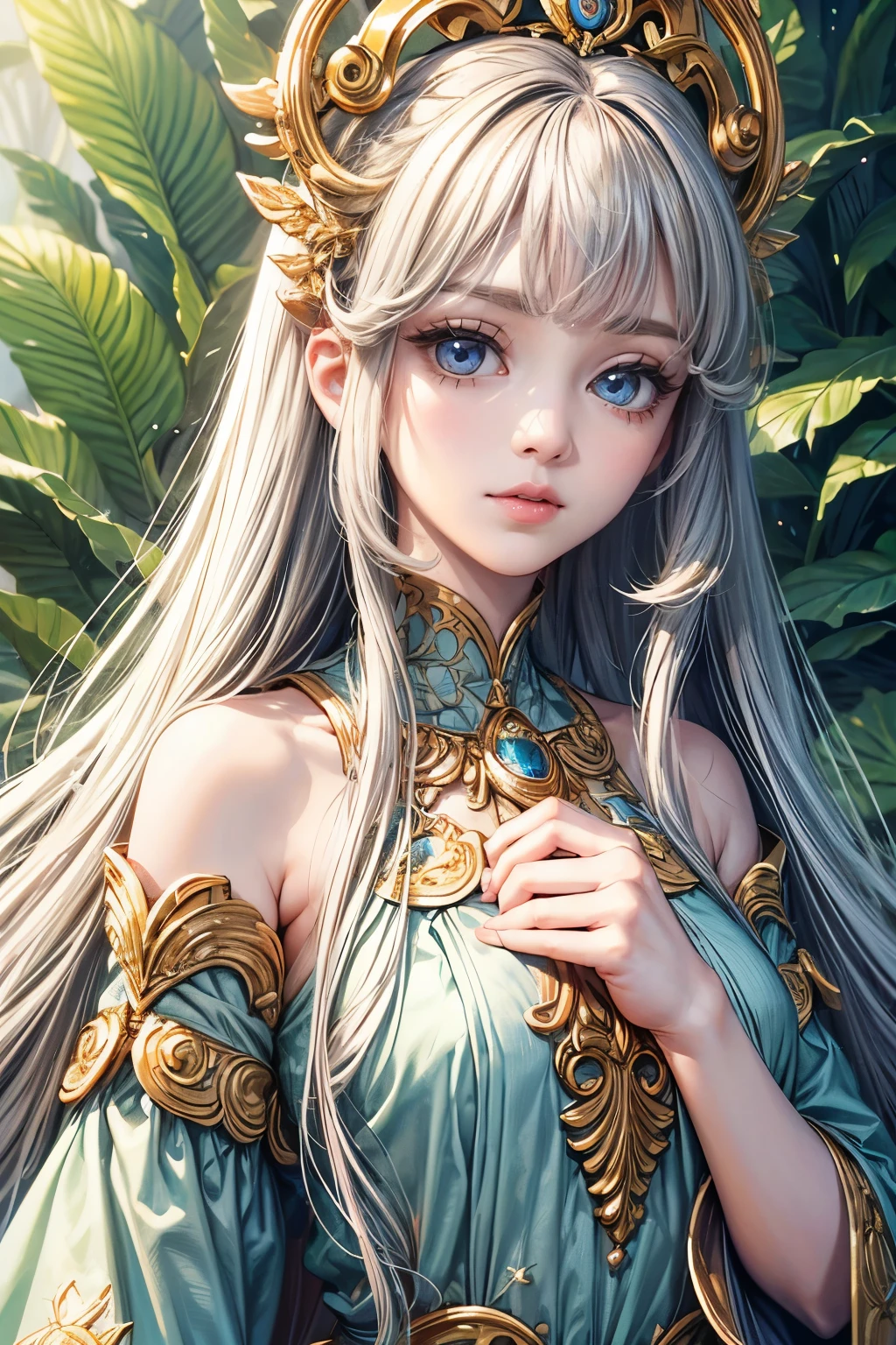 (best quality,8K,CG),detailed upper body,solitary girl,floral forest background,complex facial features,elegant long curly hair,almond-shaped big eyes,detailed eye makeup,long eyelashes,twinkling stars,exquisite lip details,soft and harmonious style.