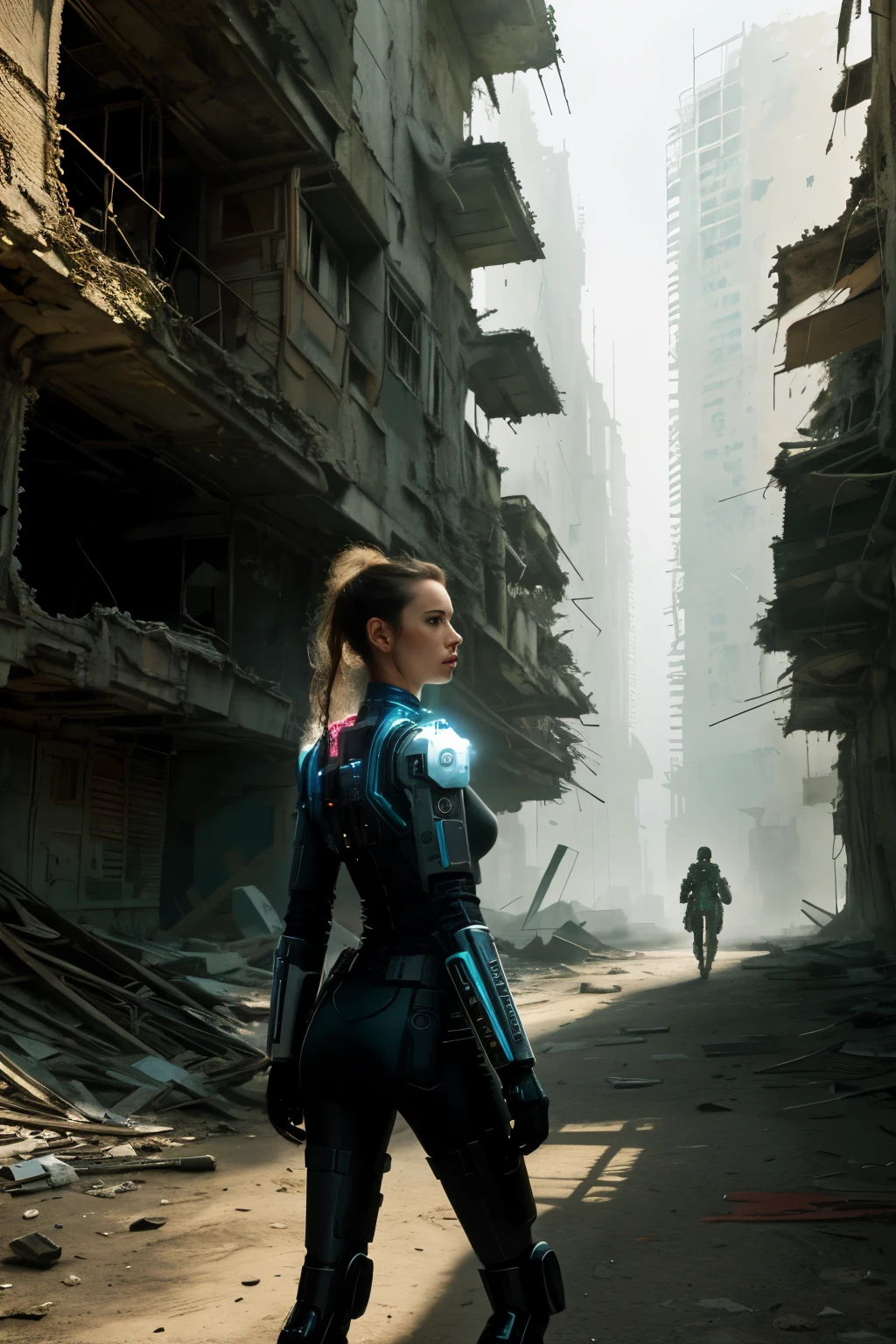 ((best quality)), ((masterpiece)), (detailed), perfect face, Picture a watercolor painting of a solitary female cyberpunk bionic android wandering through the abandoned ruins of an old city, her cybernetic enhancements contrasting with the decaying urban landscape. Use a muted color palette and subtle brushstrokes to create a sense of loneliness and introspection