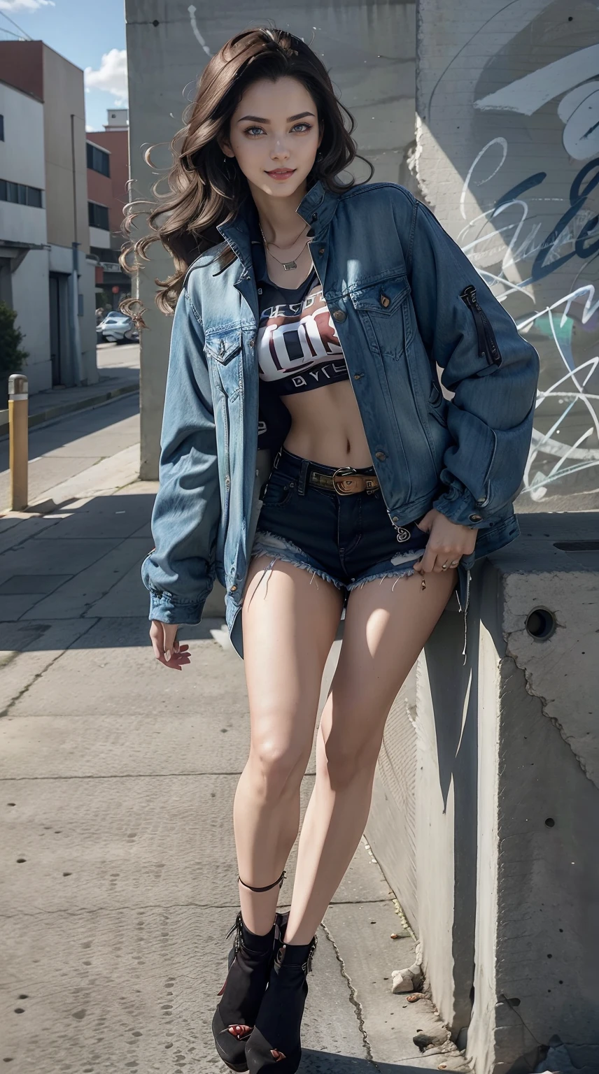 19-year-old woman、Hair color is brunette、Eye color is blue、Longhaire、wearing eye shadow and lipstick、Slender but well-proportioned muscular body、a smile、huge tit、is wearing jacket、He wears a shirt with a logo inside his jacket.、I'm wearing boyfriend denim、I'm wearing high heels、a smile、I'm in front of an old concrete wall with wall art on it.、The sun is shining from above、I'm working on my jacket's pocket so there's no damage.