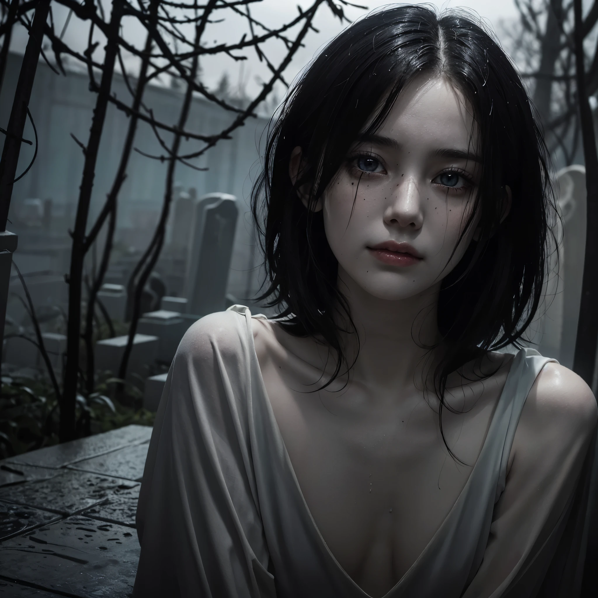 meeting with the mechanical elves overlords (([purple|black] hair)), long hair, white formfitting wet cotton dress, drenched wet fabric, heavy rain, hard nipples bump, see-through,  melancholic gaze at viewer,  (soothing tones:1.0), (hdr:1.25), (artstation:1.2), dramatic, evil MONOCHROMIC creatures behind, boked background, rule of third composition (intricate details:1.14), (hyperrealistic 3d render:1.16), (filmic:0.55), (faded:1.3)