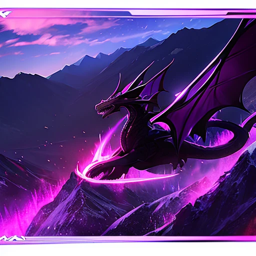 Create a dimension with purple flames, mountains and a dragon of darkness