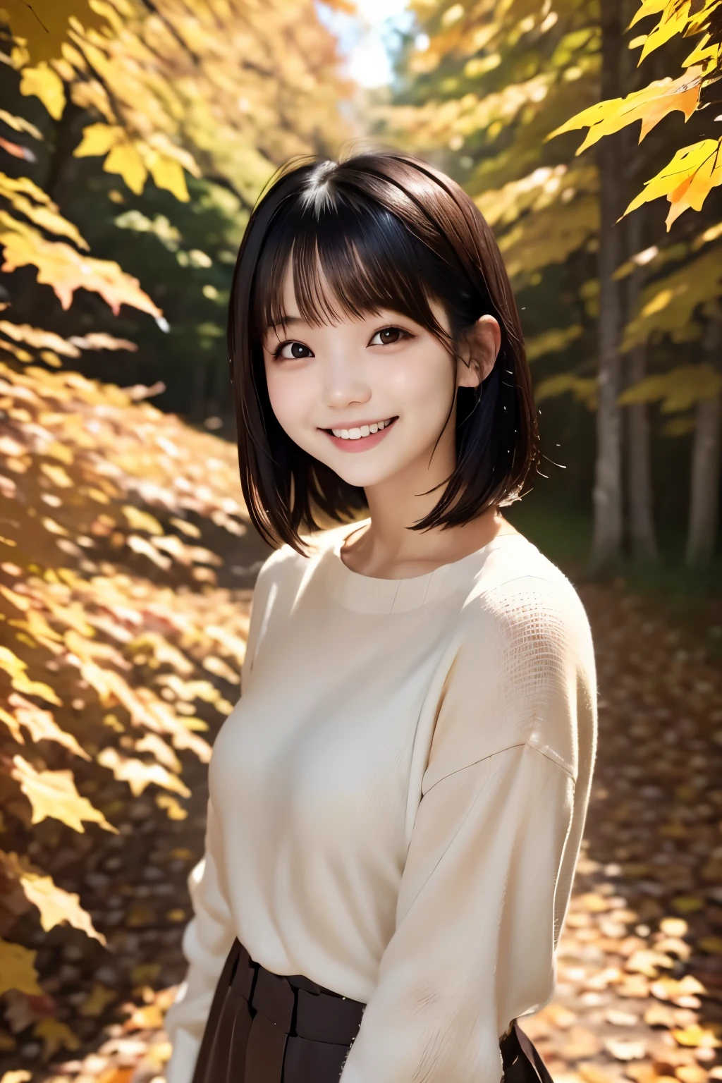 22year old(年轻)、Black Hair Bob、natural and light makeup、Autumn、Smiling expression、、Natural finish、For autumn leaves、Portrait image、cute little
