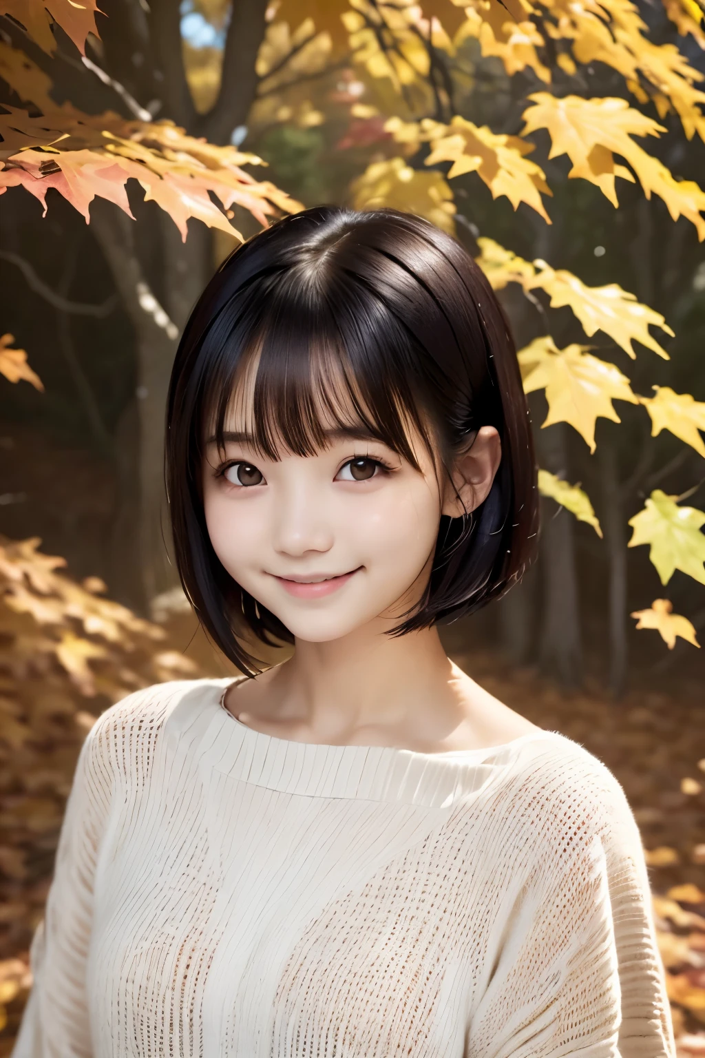 22year old(年轻)、Black Hair Bob、natural and light makeup、Autumn、Smiling expression、、Natural finish、For autumn leaves、Portrait image、cute little